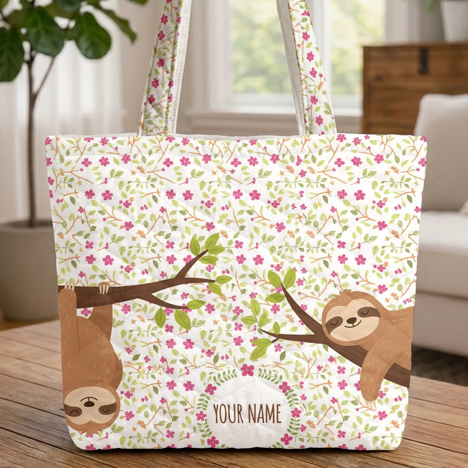Sloths Personalized Name Floral Wreath - Wildlife Lover Everyday Carry Gift Quilted Tote Bag - 1