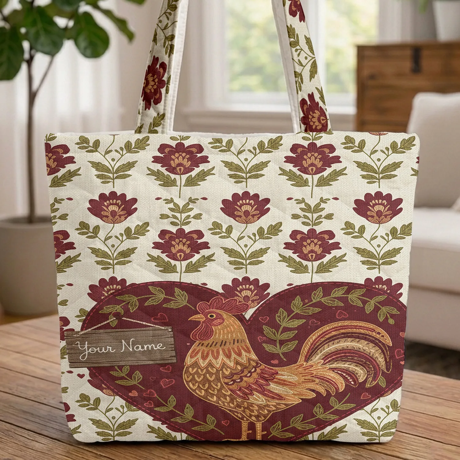 Ornate Rooster Heart Folk Art Floral Vine Sign Your Name - Rustic Farmhouse Gift Quilted Tote Bag - 1