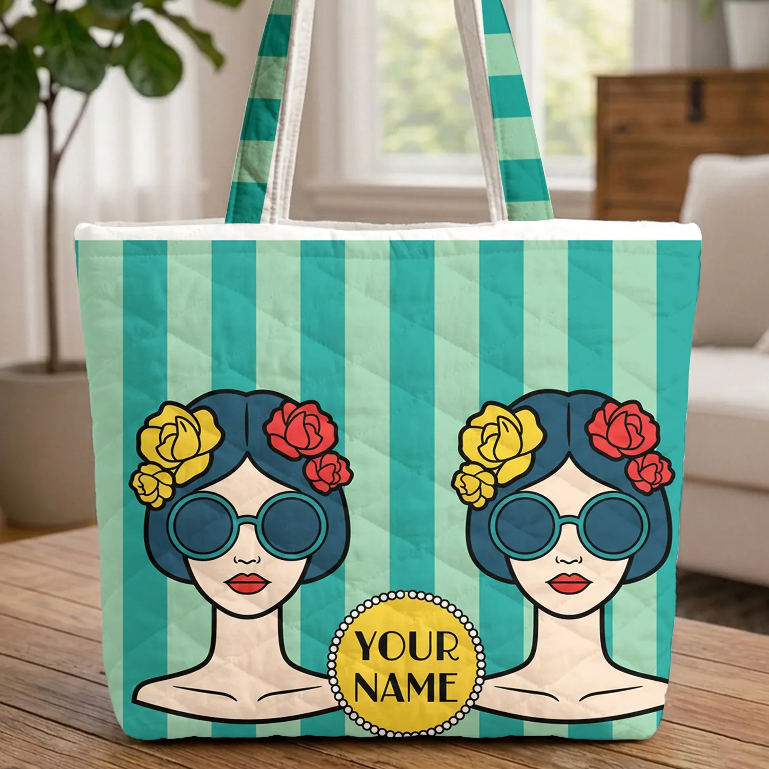 Sunglasses Floral Hair Female Busts Pearl Border Stripes - Fashion Accessory Gift Quilted Tote Bag - 1