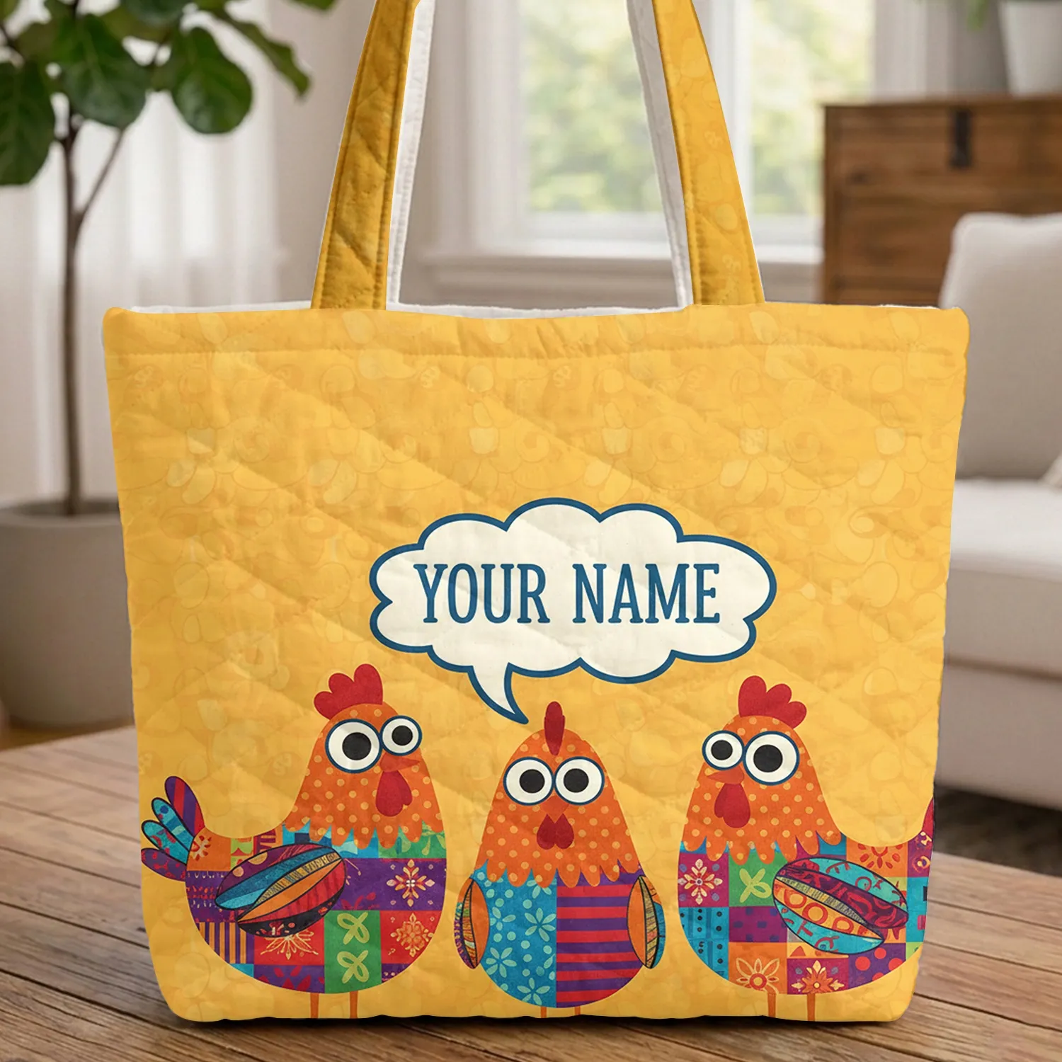 Googly Eye Patchwork Chickens Cloud Speech Bubble - Farm Animal Lover Gift Quilted Tote Bag - 1