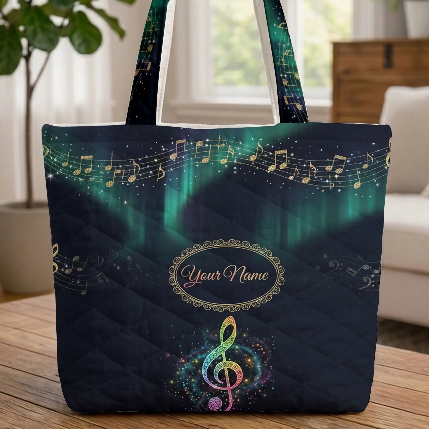 Treble Clef Musical Notes Personalized Name - Music Lover Everyday Gift Quilted Tote Bag - 1