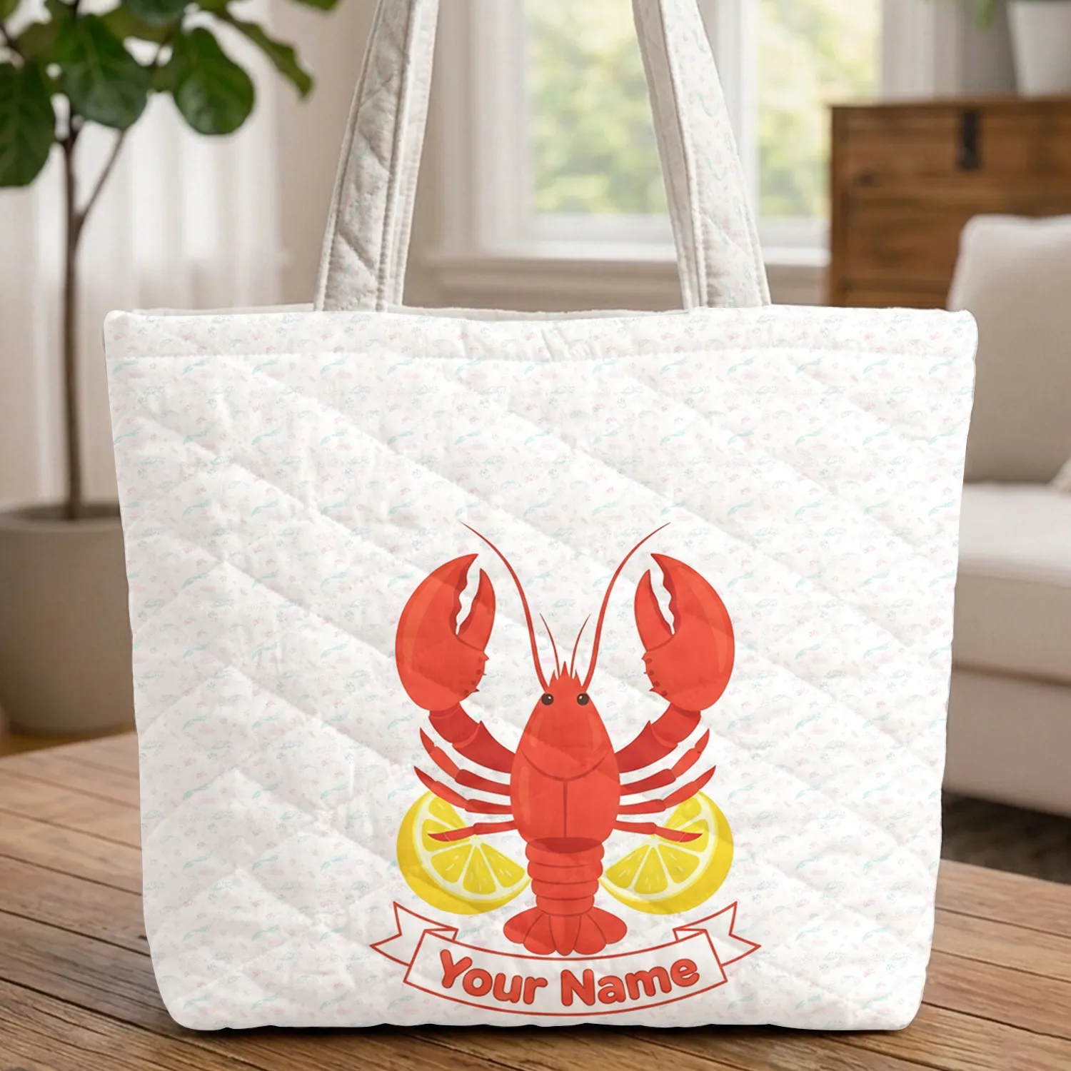 Bright Red Lobster Yellow Lemon Slices Ocean Waves Name Scroll - Coastal Lifestyle Gift Quilted Tote Bag - 1