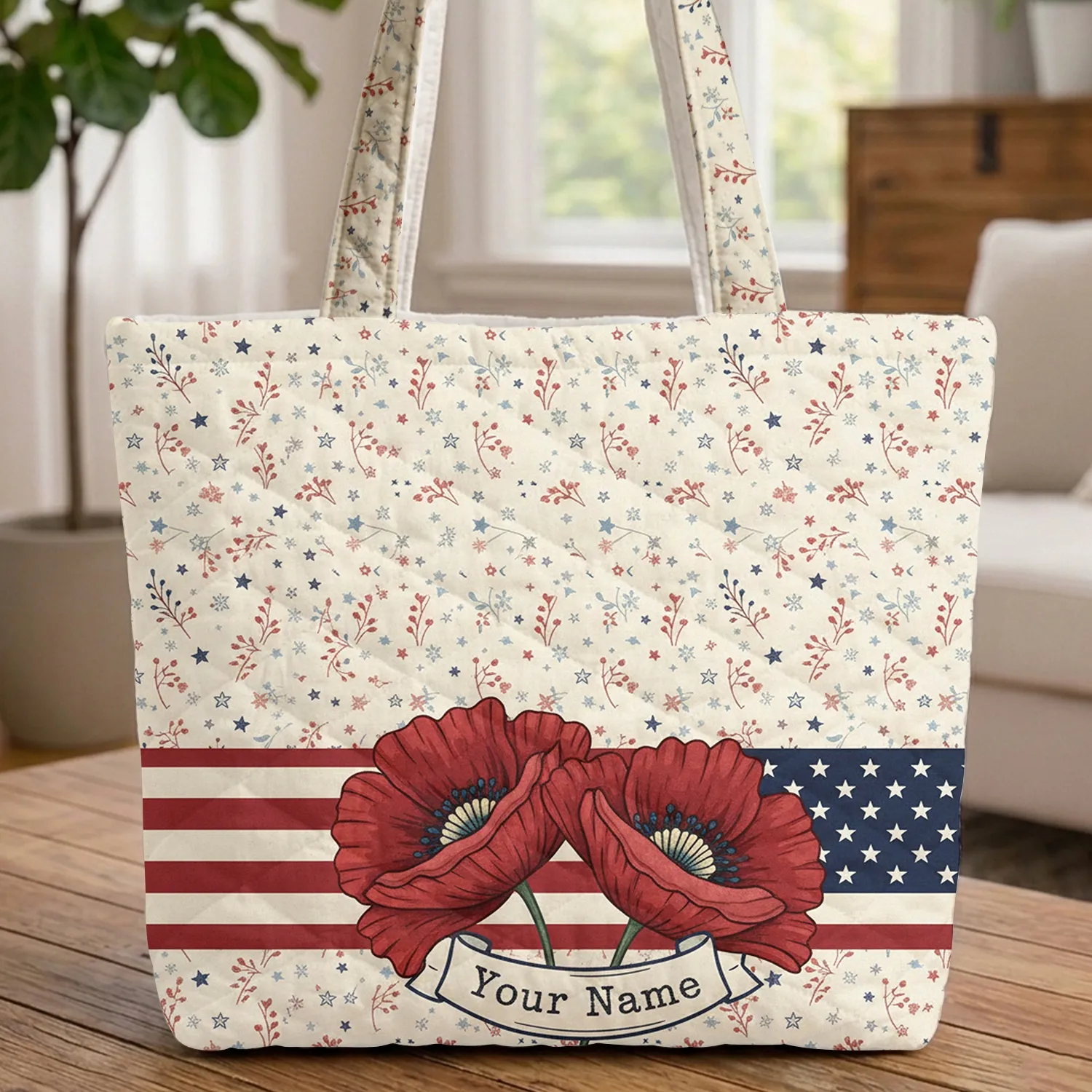 Ornate Poppy Americana Stripes White Stars Independence Day Gift Quilted Tote Bag - 1