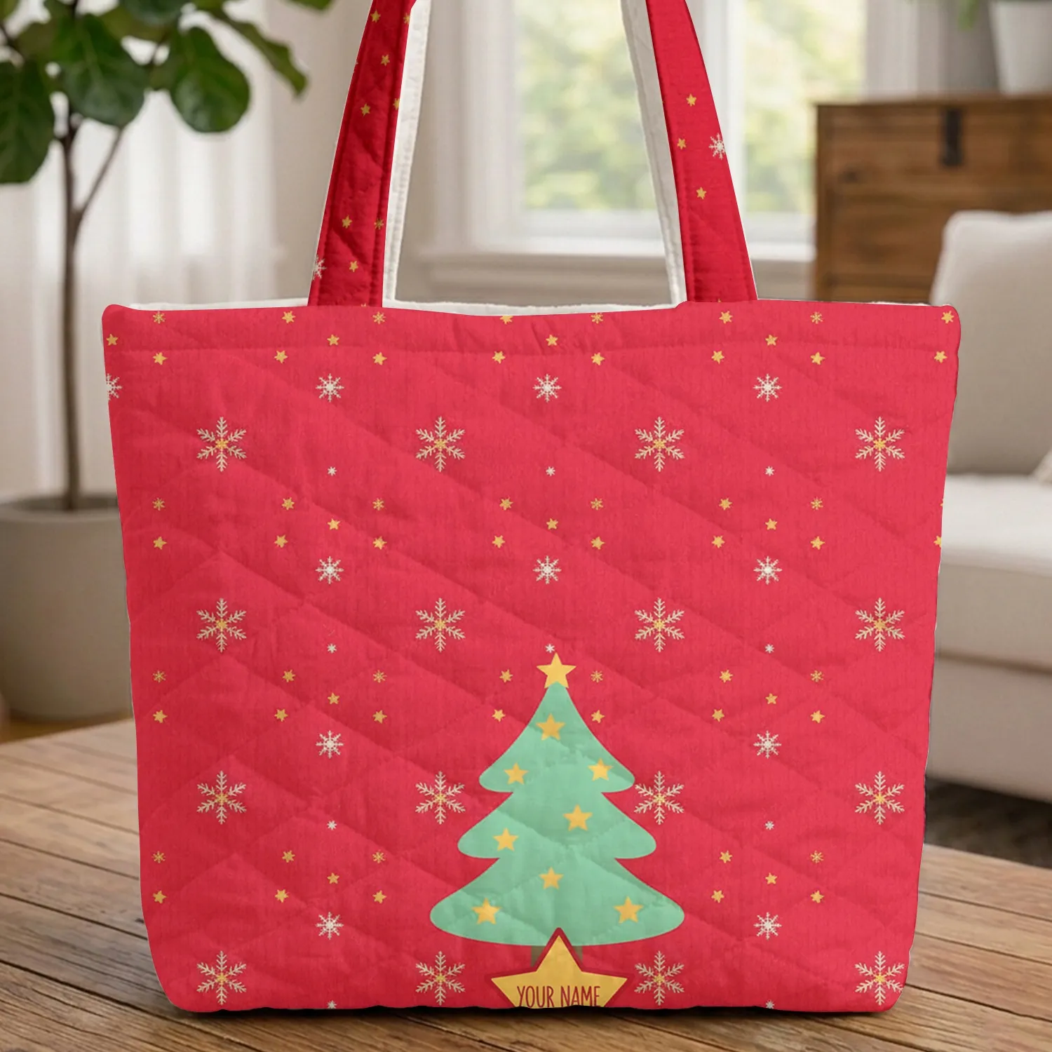 Christmas Tree Golden Stars Snowflakes - Christmas Gift for Family Quilted Tote Bag - 1
