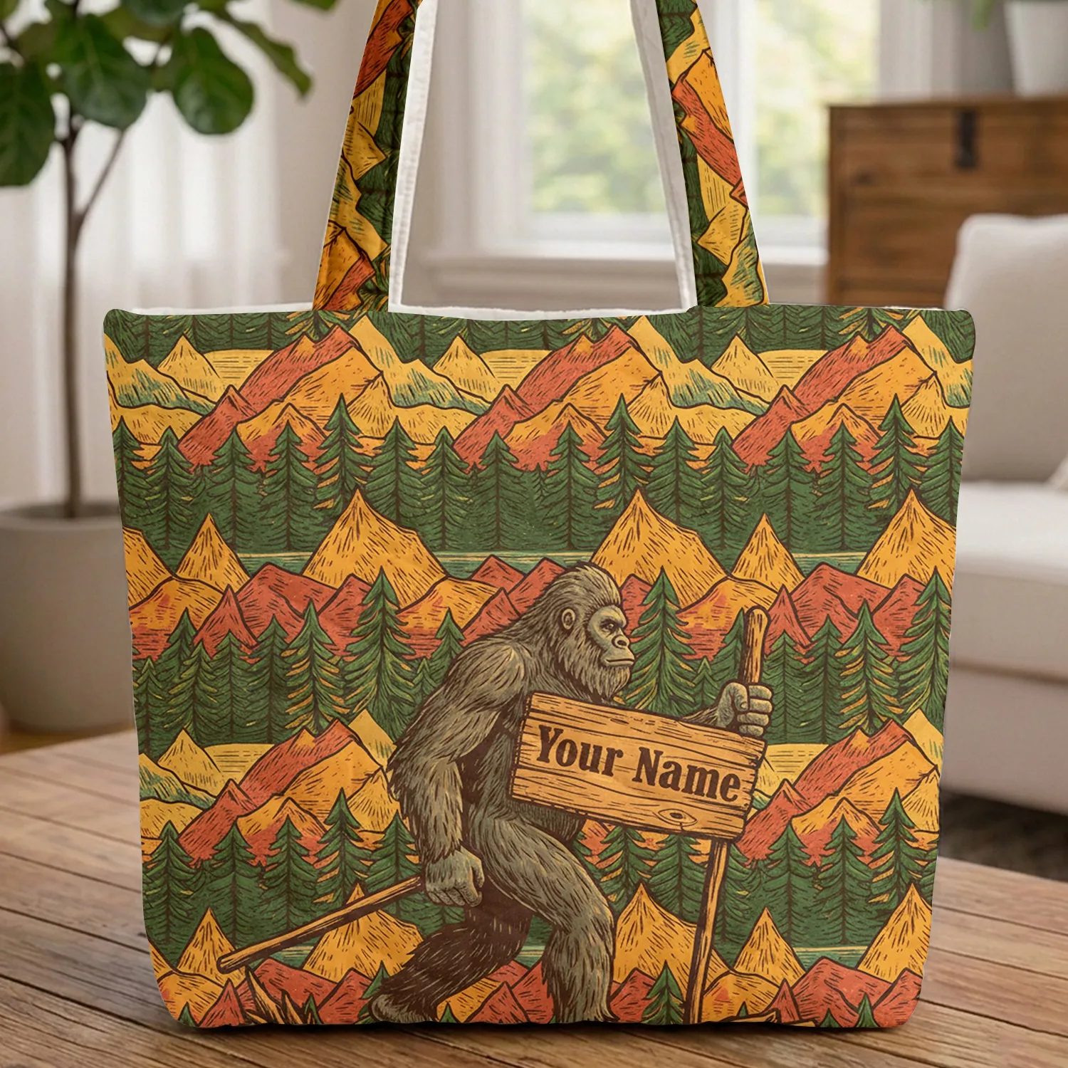 Bigfoot Sasquatch Walking Stick Forest Mountain - Outdoor Adventure Gift for Cryptid Fan Quilted Tote Bag - 1