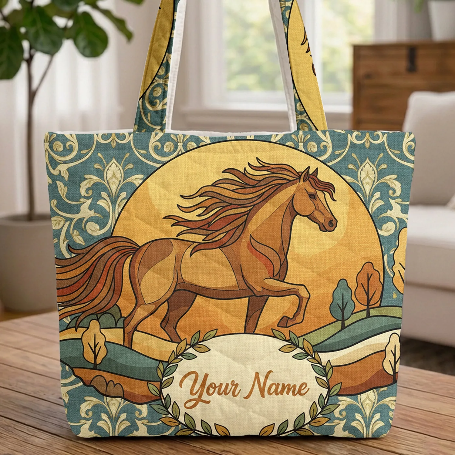 Majestic Horse Sun Disc Personalized Name - Horse Lover Gift Quilted Tote Bag - 1