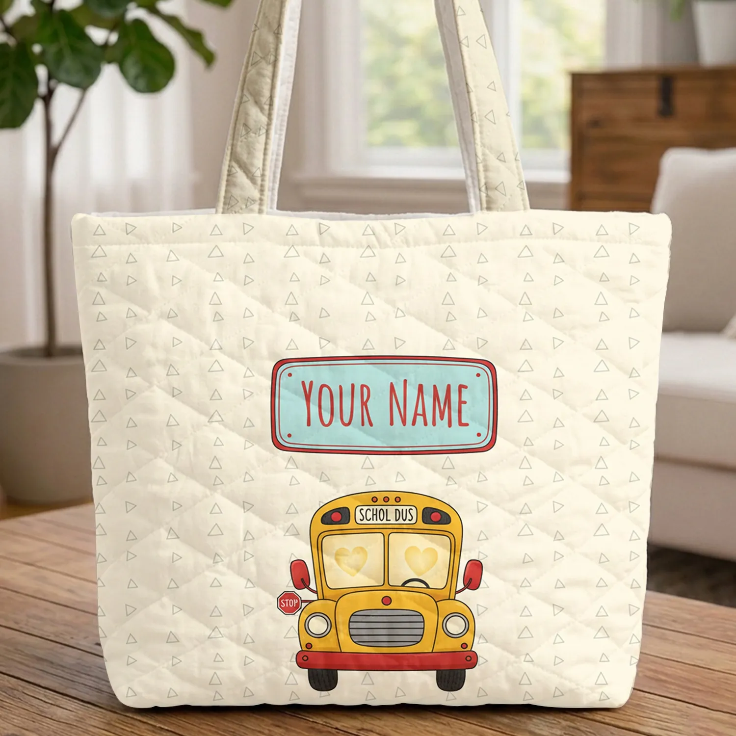 Yellow School Bus Heart Windows Scattered Triangles - School Day Essentials for Students Quilted Tote Bag - 1