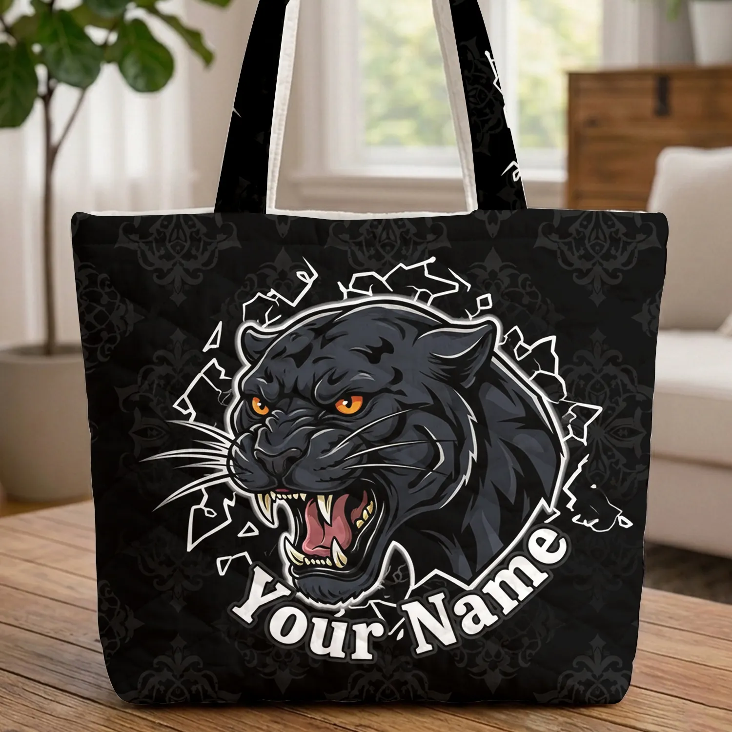 Personalized Roaring Black Panther Head Cracked Background - Wildlife Lover Gift Quilted Tote Bag - 1