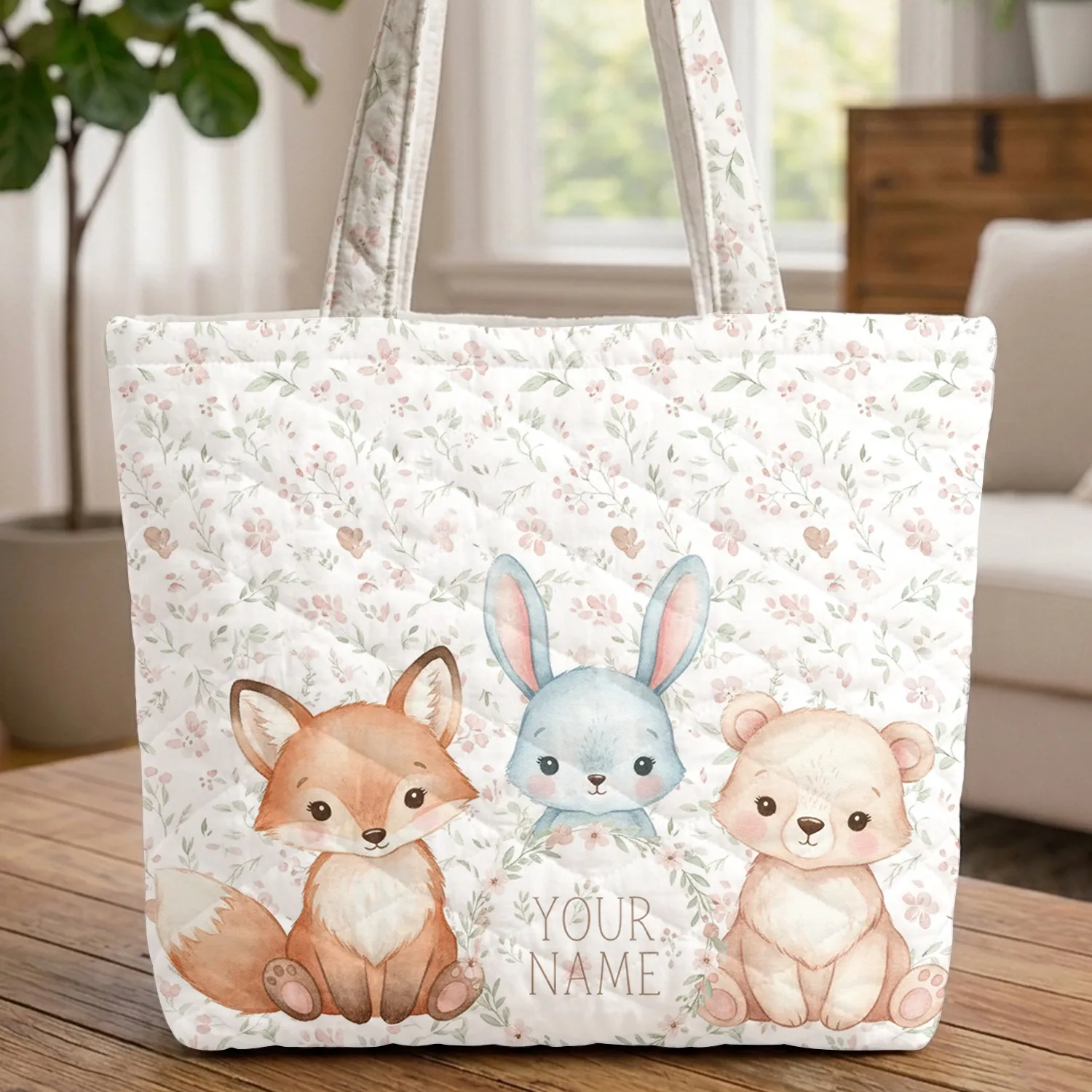 Woodland Animals Wildflower Wreath Personalized Name - Wildlife Lover Gift Quilted Tote Bag - 1