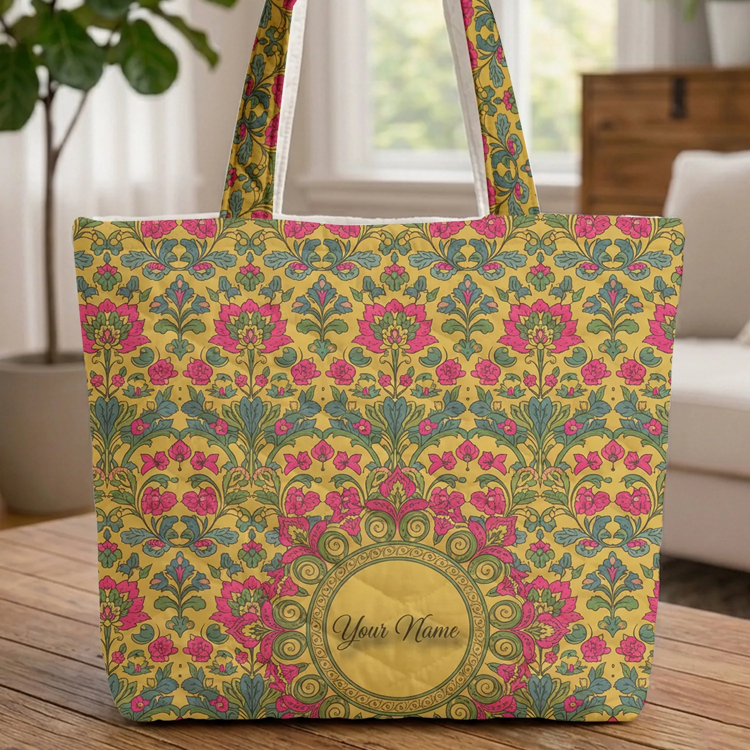 Indian Chintz Floral Medallion Flowers Leaves Branches - Everyday Tote Quilted Tote Bag - 1