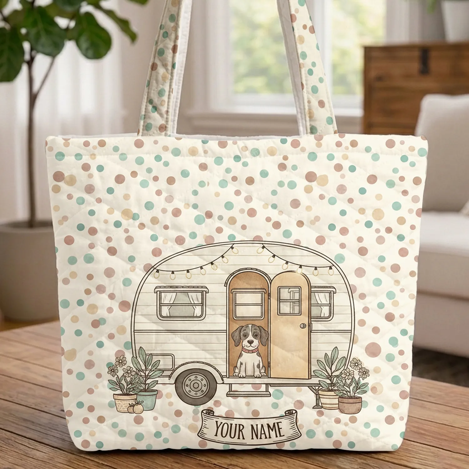 Personalized Travel Trailer Spotted Dog String Lights Potted Plants Polka Dot - Travel Lover Gift Quilted Tote Bag - 1