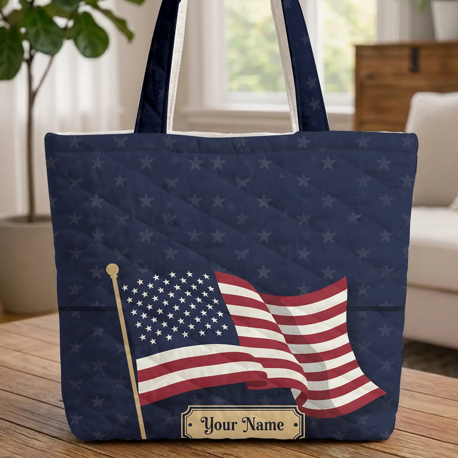 American Flag Eagle Stars Name Plaque - Patriotic Lifestyle Gift Quilted Tote Bag - 1