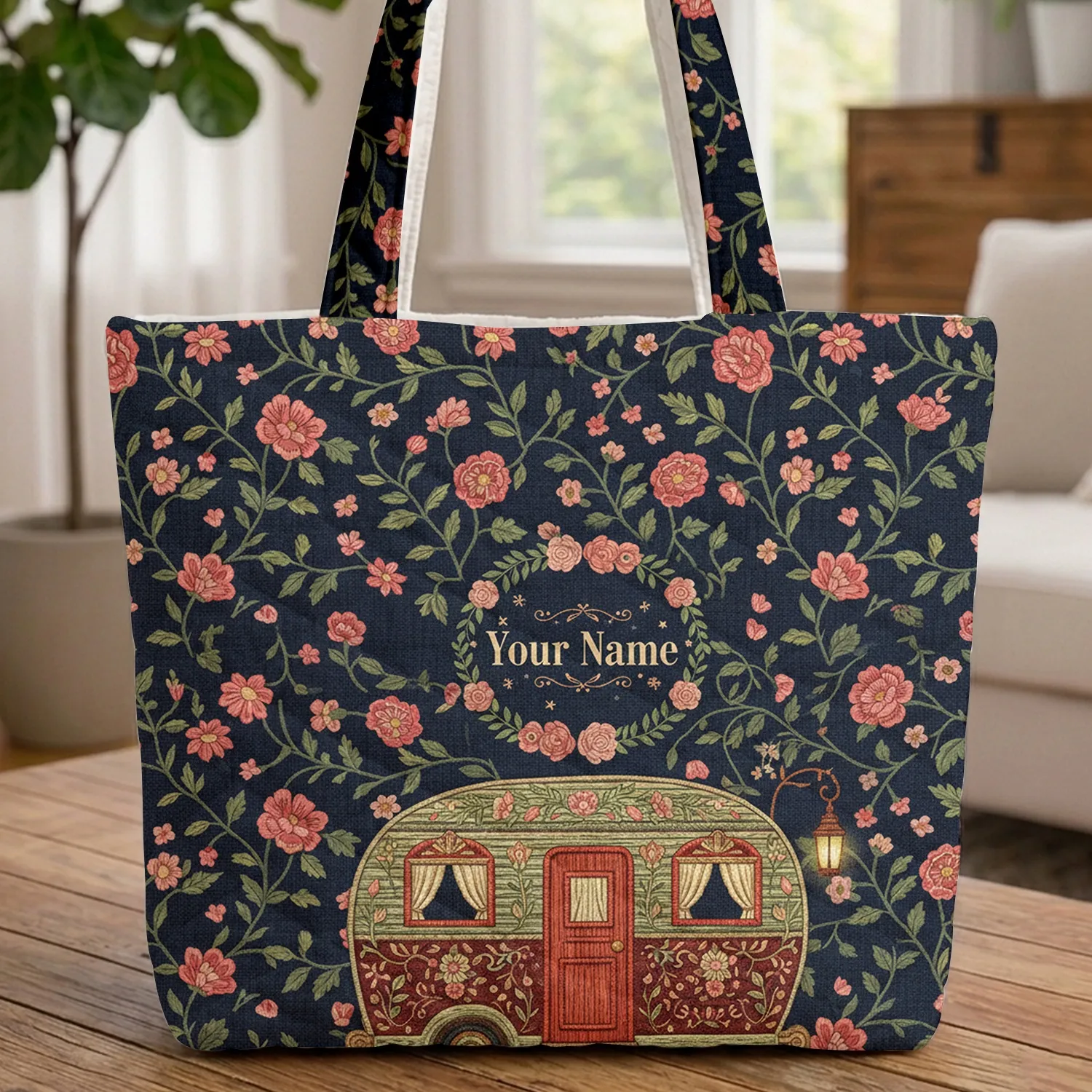 Ornate Camper Van Floral Vines Personalized Name - Traveler Gift Quilted Tote Bag - 1