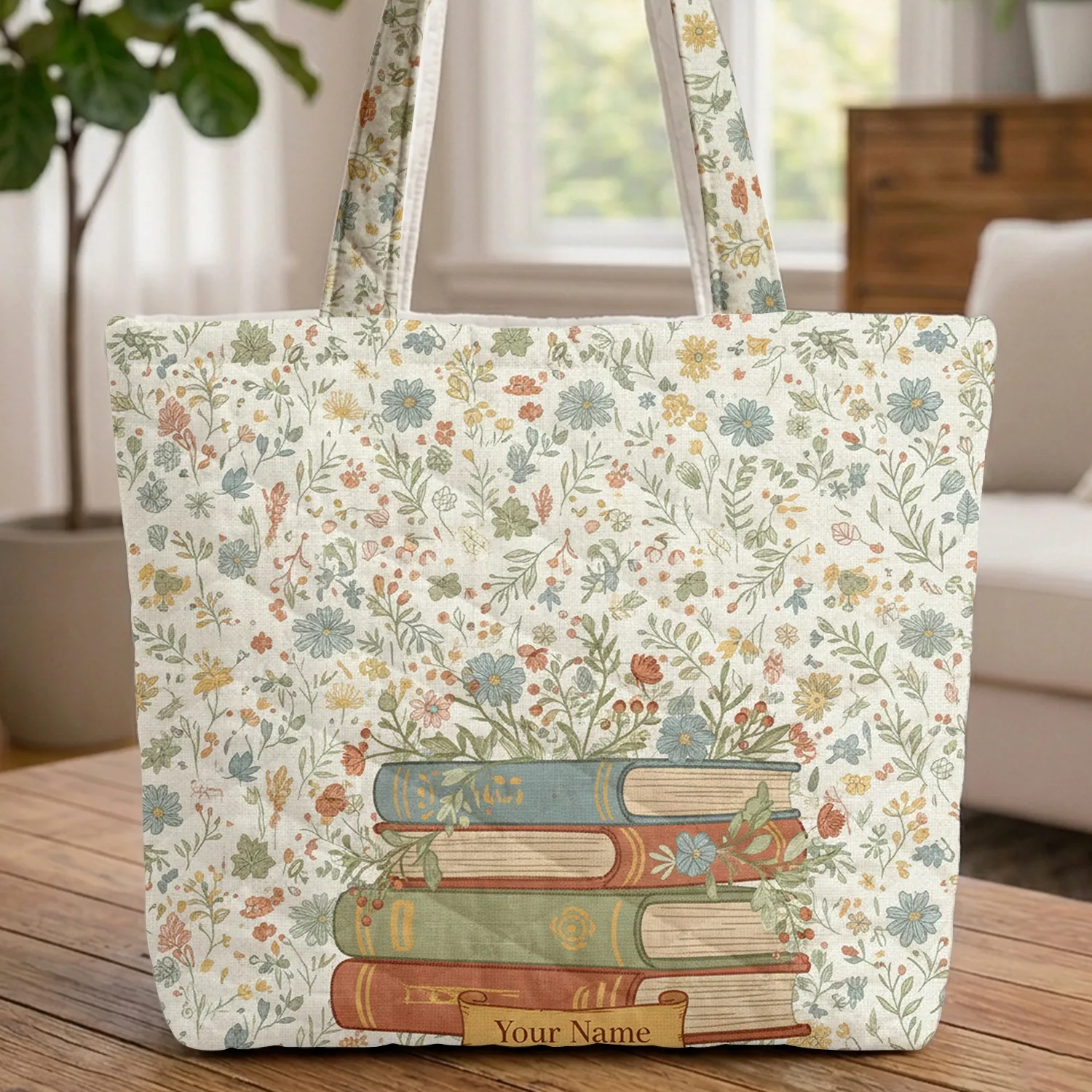 Vintage Books Wildflower Stack - Book Lover Gift Quilted Tote Bag - 1