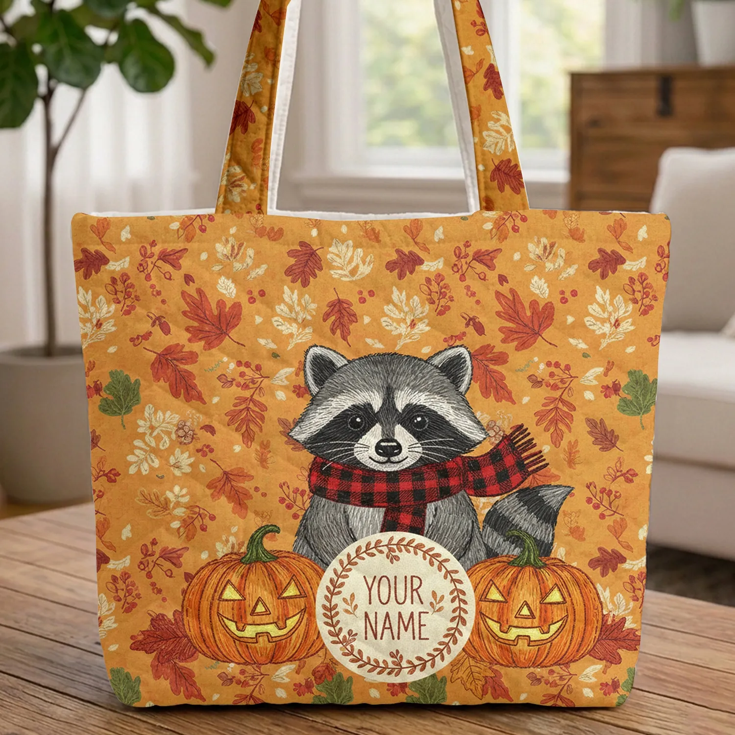 Personalized Raccoon Jack-o'-Lantern Autumn Leaves - Fall Halloween Wildlife Gift Quilted Tote Bag - 1