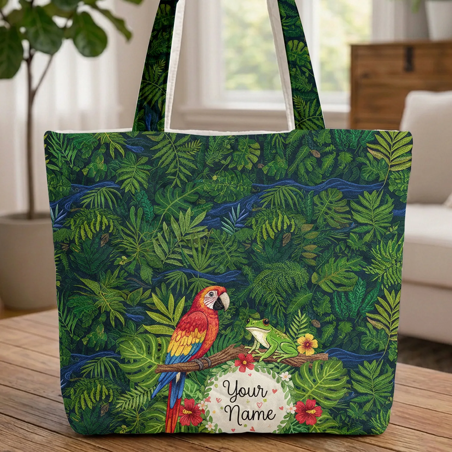 Red Macaw Green Frog Dense Fern Palm Foliage Winding River Floral Wreath - Wildlife Lover Gift Quilted Tote Bag - 1