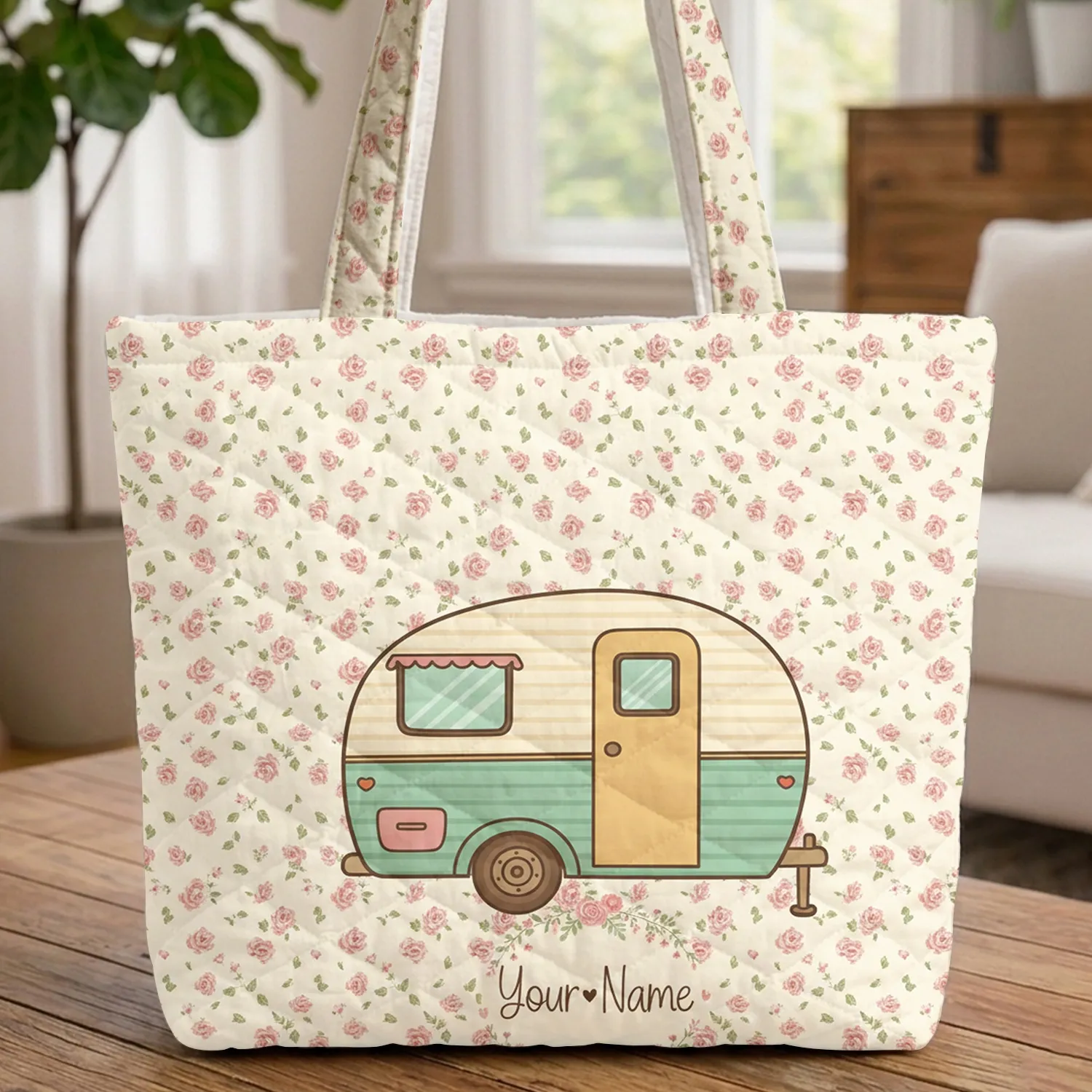 Vintage Camper Trailer Rose Floral Wreath - Everyday Travel Tote Quilted Tote Bag - 1