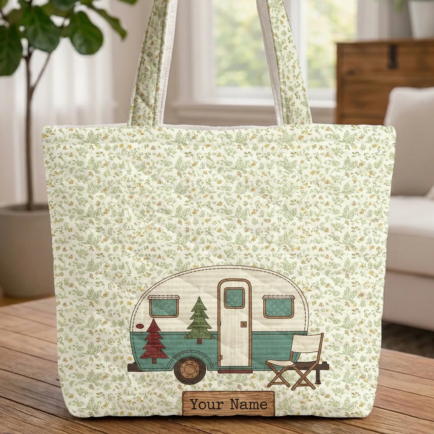 Vintage Camper Trailer Pine Trees Wildflower Leaves - Farmhouse Decor Camping Gift Quilted Tote Bag - 1