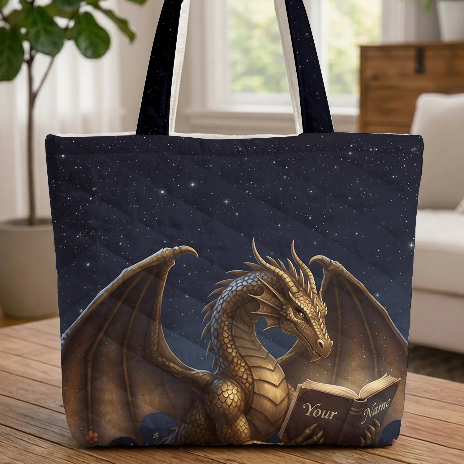Regal Dragon Ancient Book Night Sky Wildflower - Fantasy Lover Gift Storybook Fan Quilted Tote Bag - 1