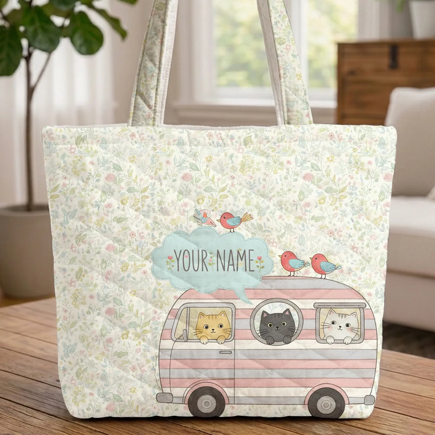 Camper Van Cats Birds Flowers Personalized Name - Everyday Tote Cat Lover Gift Quilted Tote Bag - 1