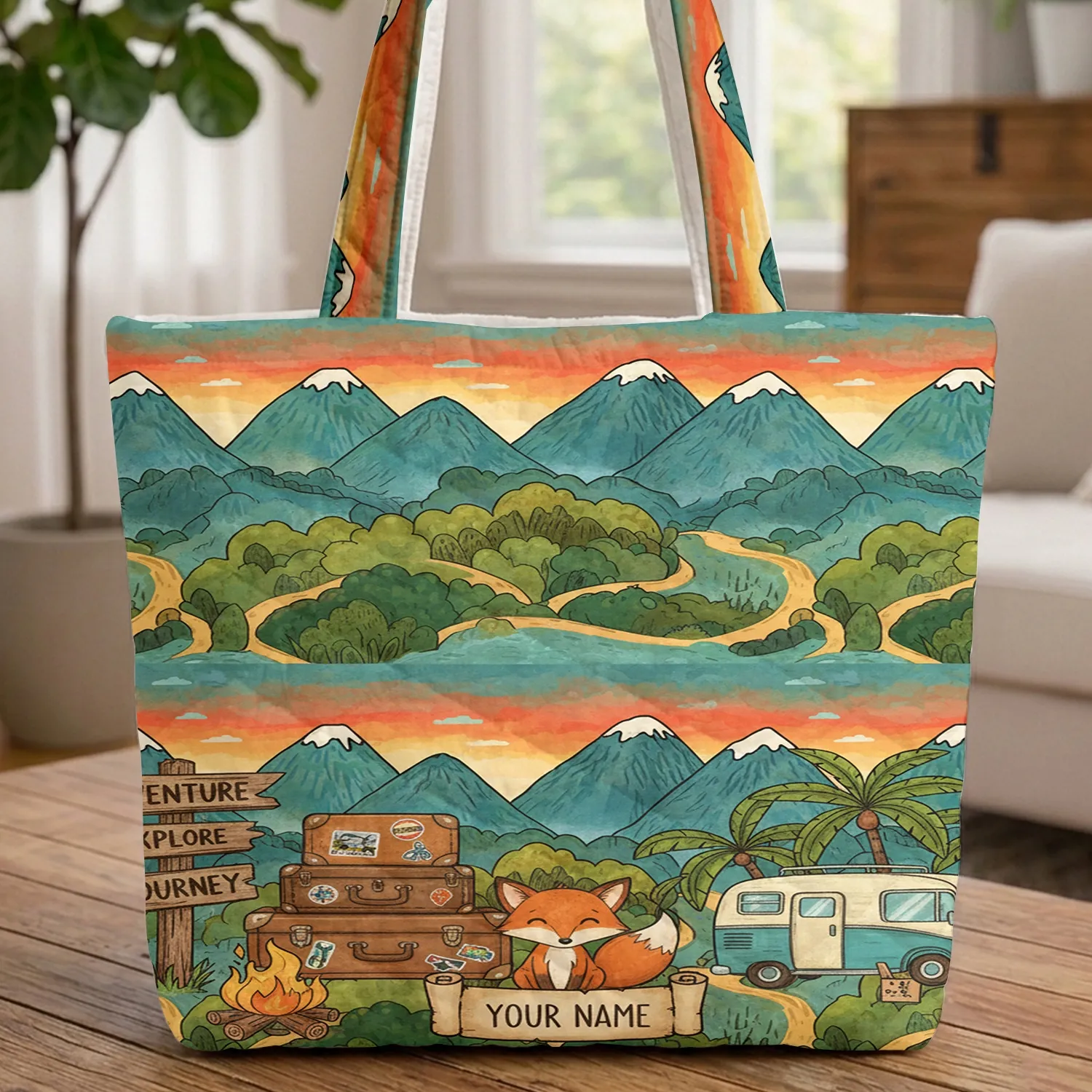 Adventure Landscape Camper Van Fox Personalized - Travel Essentials for Explorers Quilted Tote Bag - 1