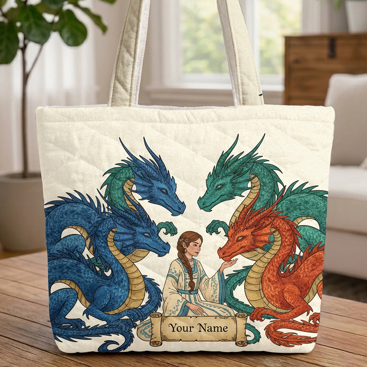 Four Fantastical Dragons Organic Motifs - Fantasy Lover Gift Quilted Tote Bag - 1