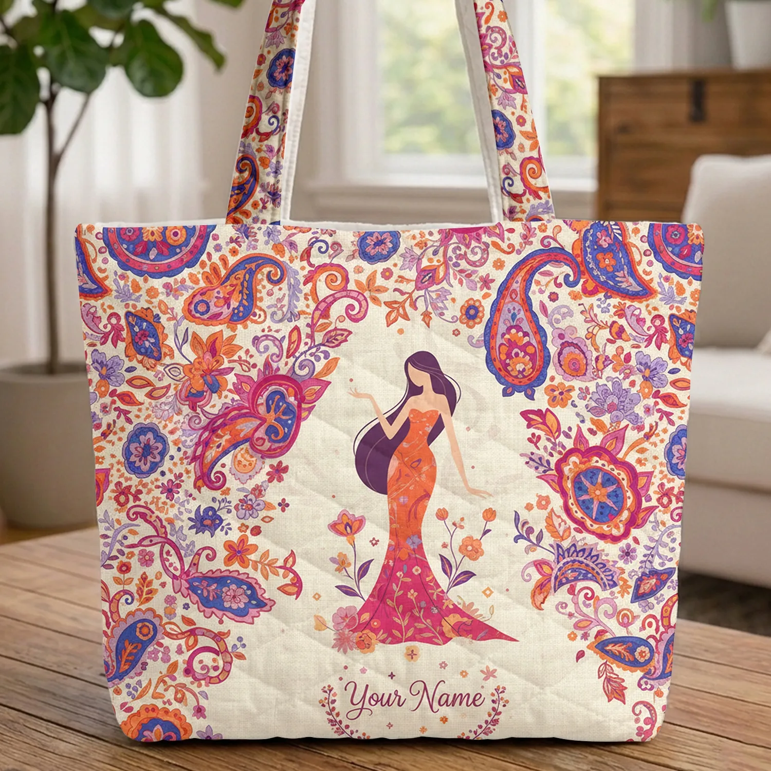 Boho Female Figure Long Hair Paisley Floral Name Wreath - Everyday Carry Lifestyle Gift Quilted Tote Bag - 1