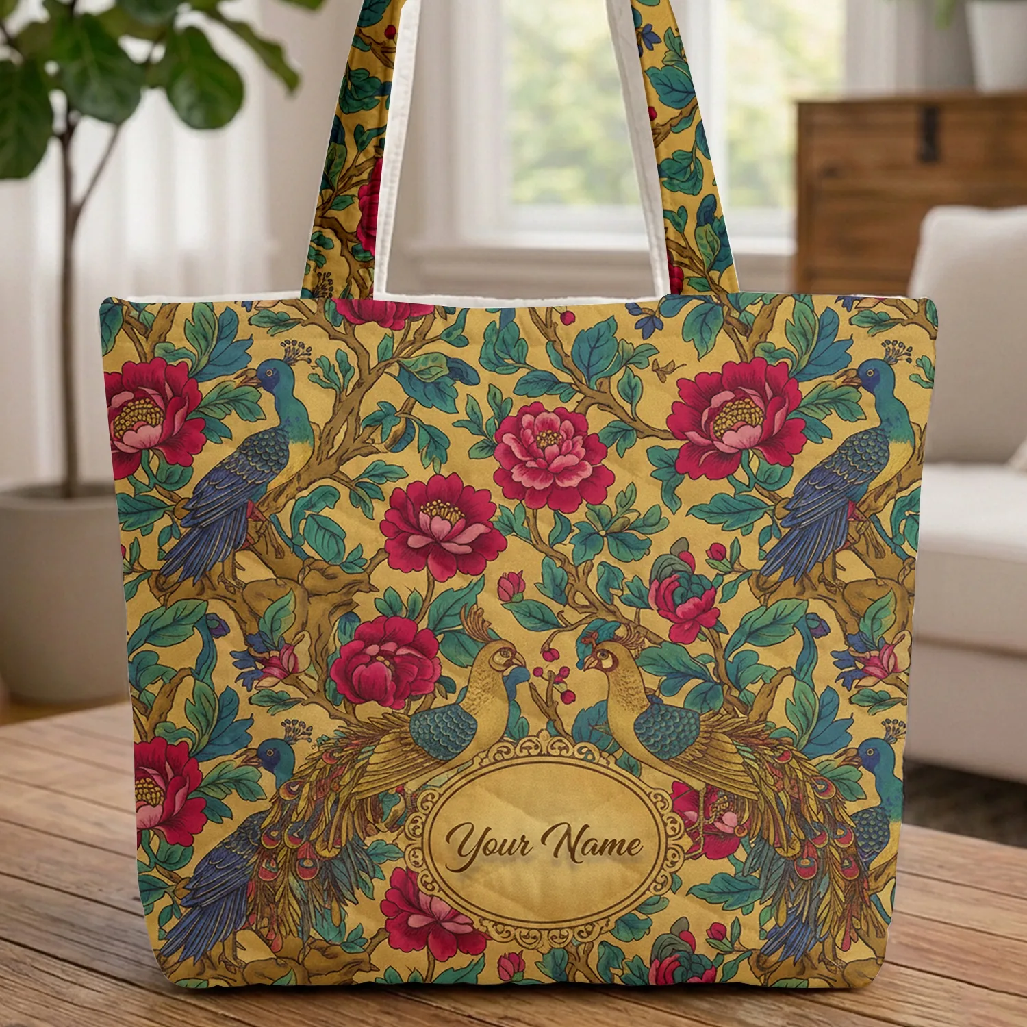 Vintage Chinoiserie Peacock Exotic Birds Flowering Branches - Wildlife Lover Gift Quilted Tote Bag - 1