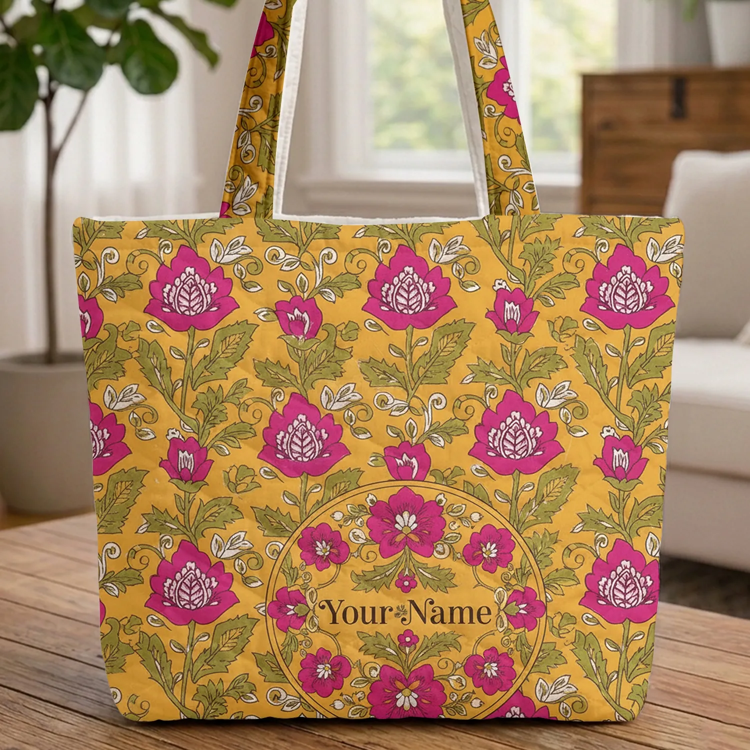 Indian Magenta Mustard Floral Circular Medallion Botanical - Boho Lifestyle Travel Essential Quilted Tote Bag - 1