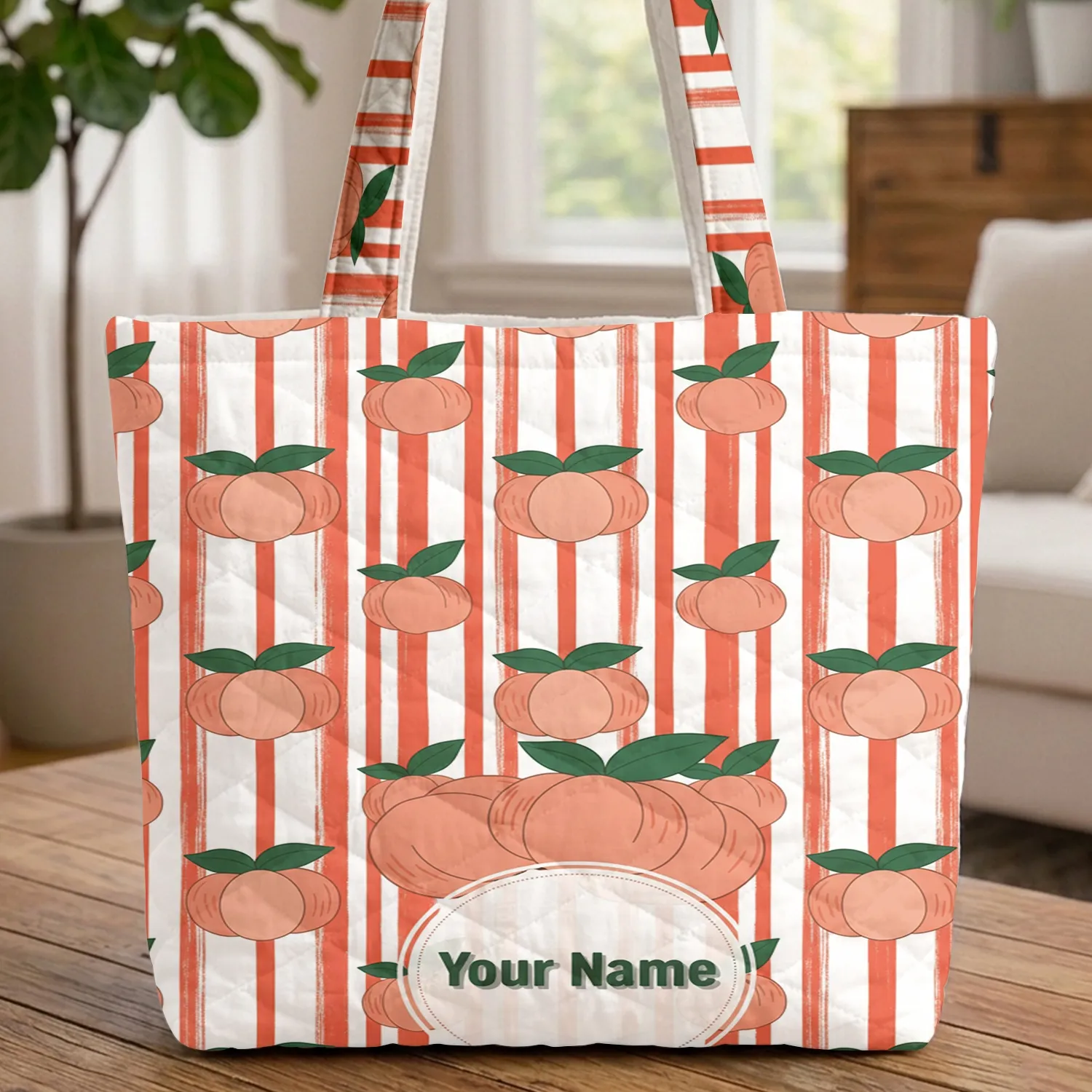 Peaches Apricots Leaves Red Stripes - Peach Lovers Gift Quilted Tote Bag - 1