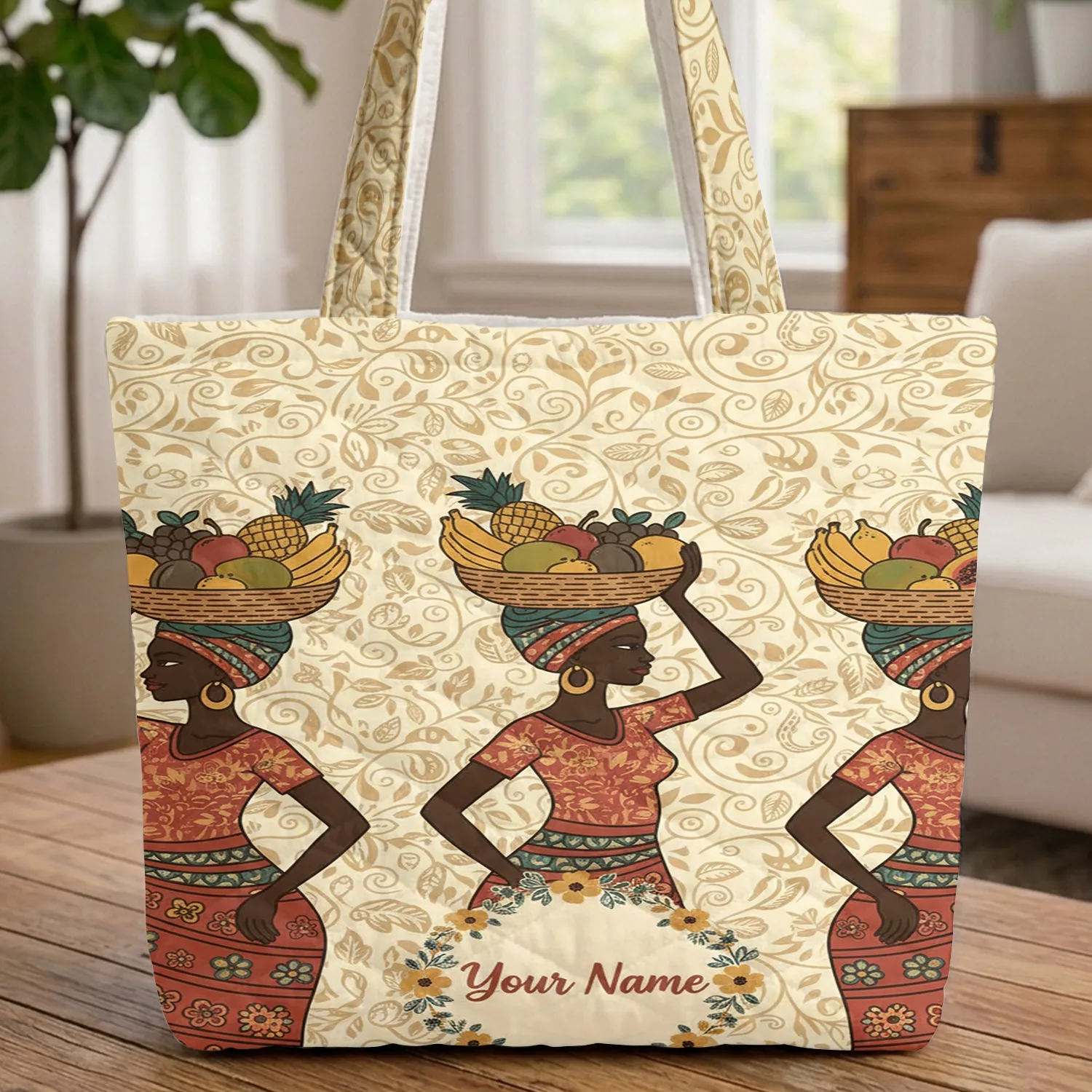 Women Fruit Baskets Traditional Headwraps Organic Vines Name Wreath - Everyday Carryall Quilted Tote Bag - 1
