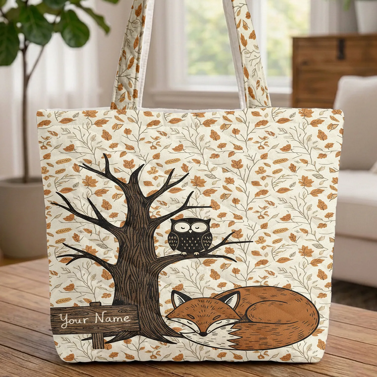 Fox Owl Autumn Leaves Gnarled Tree - Wildlife Lover Fall Decor Gift Quilted Tote Bag - 1