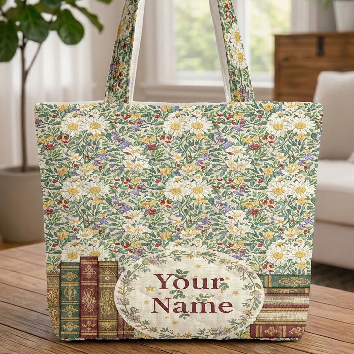 Wild Botanical Bookshelf Your Name Floral Wreath - Literary Reader Gift for Book Lovers Quilted Tote Bag - 1