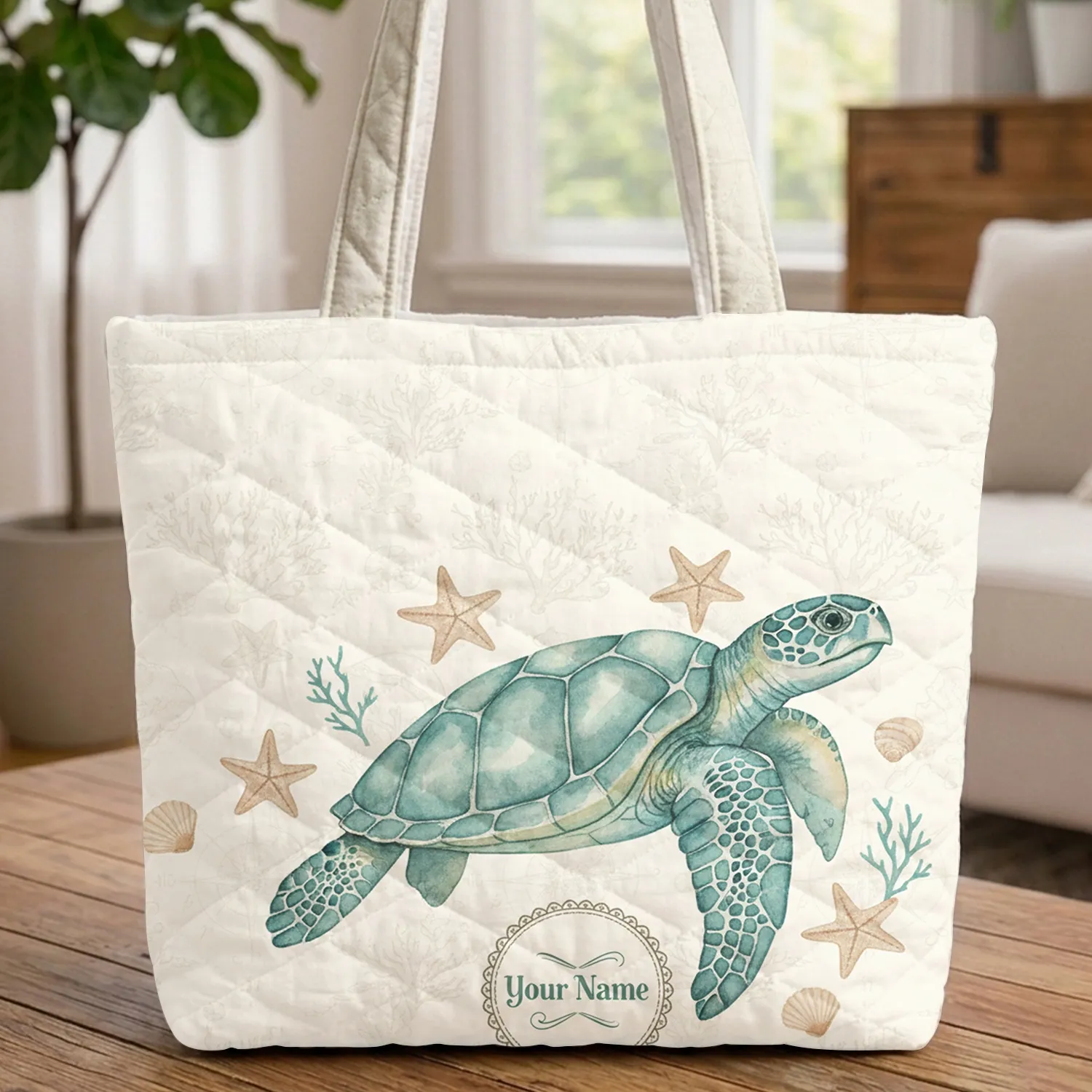 Sea Turtle Starfish Coral Compass - Personalized Ocean Lover Gift Quilted Tote Bag - 1