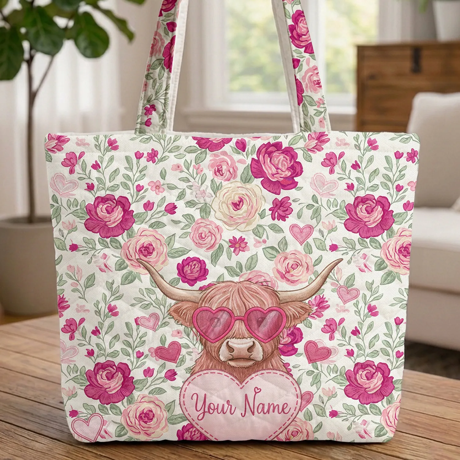 Highland Cow Pink Heart Sunglasses Floral - Personalized Gift Everyday Tote Quilted Tote Bag - 1