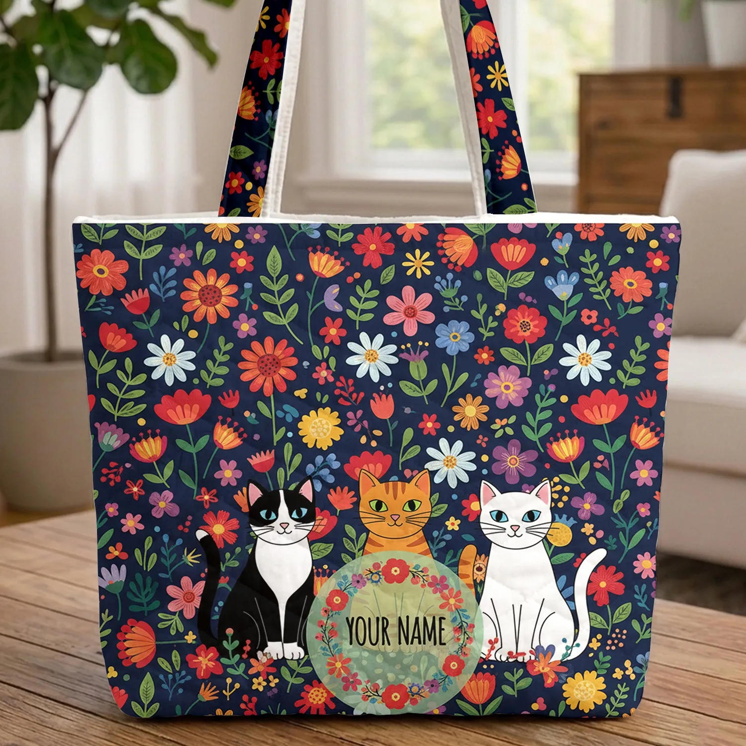 Three Cats Colorful Flowers Field - Cat Lover Everyday Carryall Quilted Tote Bag - 1