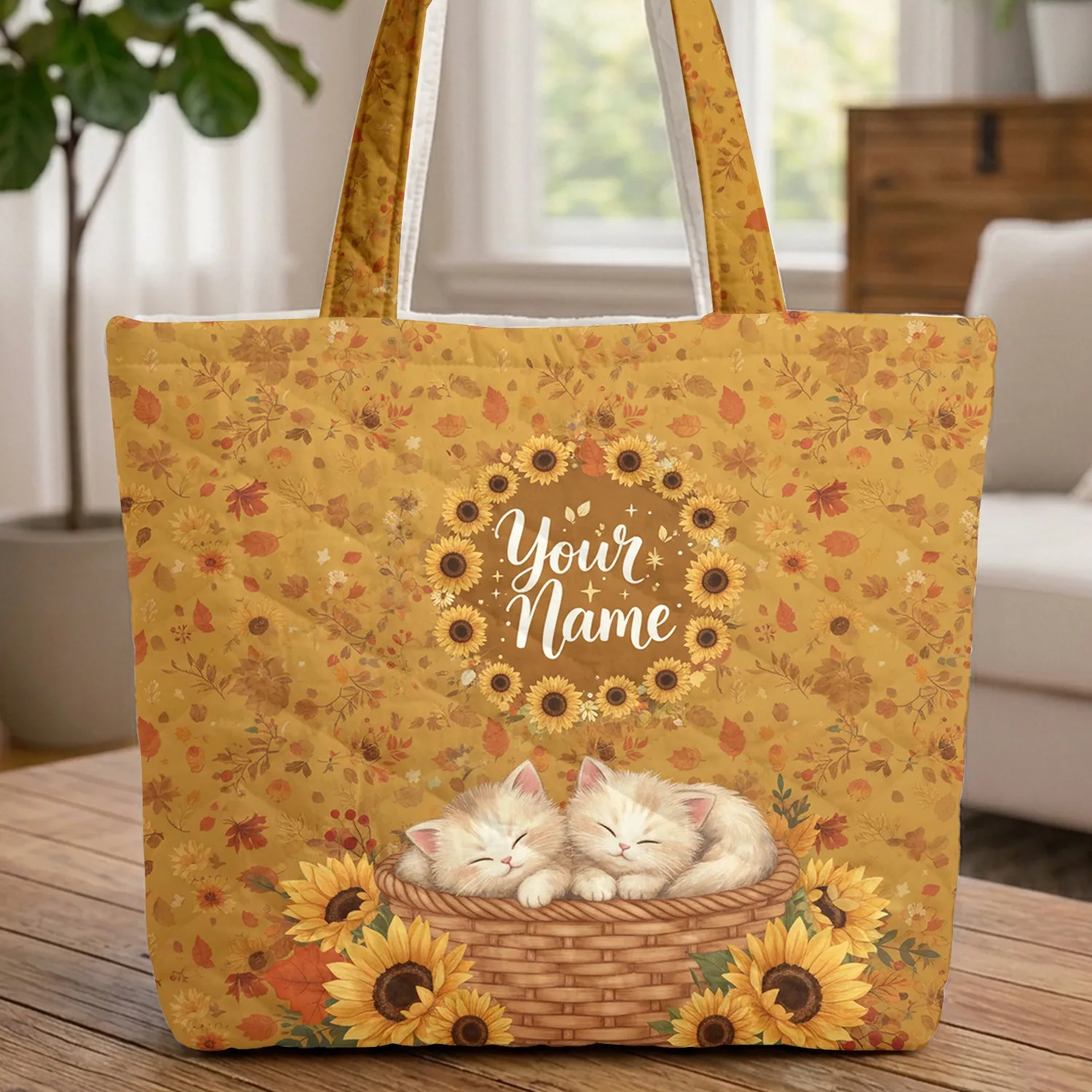 Sleeping Kittens Sunflowers Autumn Foliage Wreath - Autumn Gift for Cat Lover Quilted Tote Bag - 1