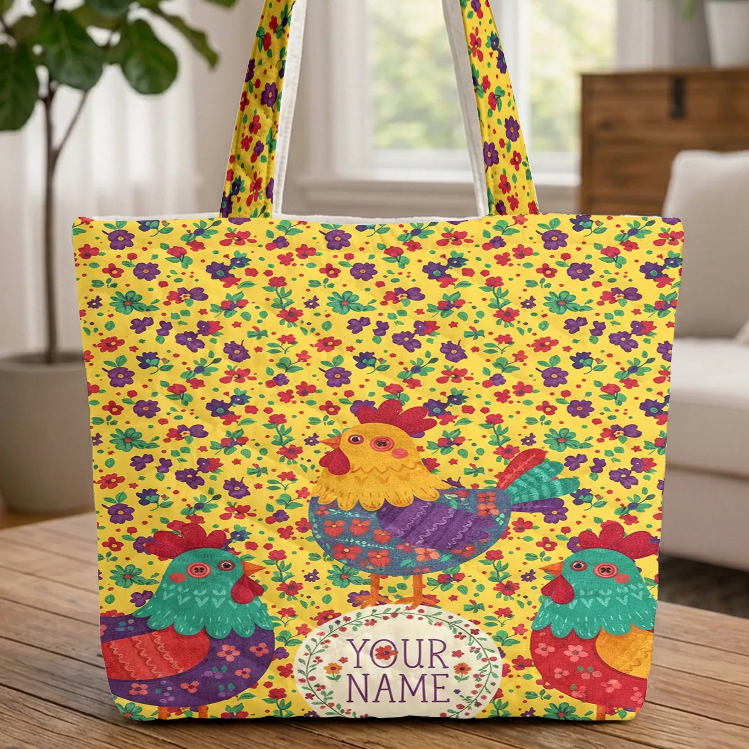 Folk Art Patchwork Chickens Floral Wreath Personalized - Farmhouse Decor Gift Quilted Tote Bag - 1