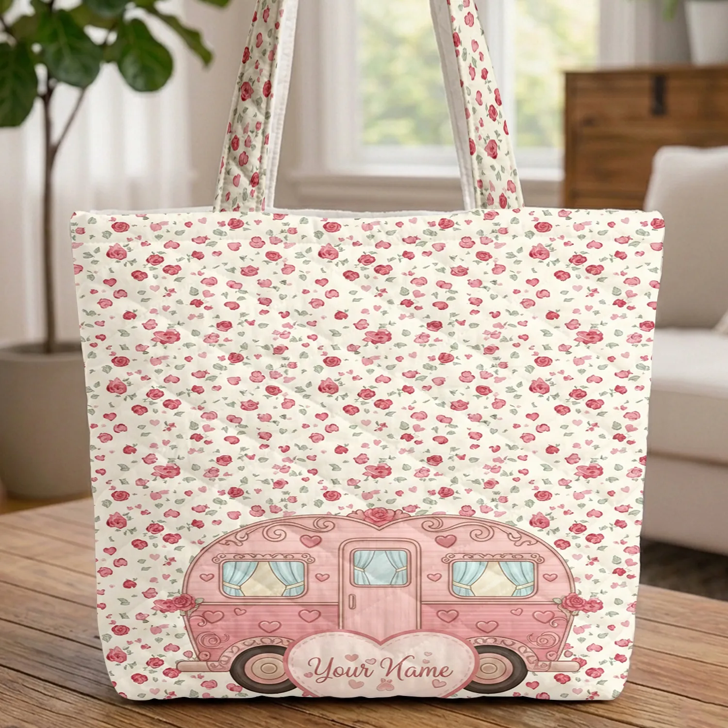 Ornate Pink Camper Van Hearts Roses Personalized - Thoughtful Travel Gift Quilted Tote Bag - 1