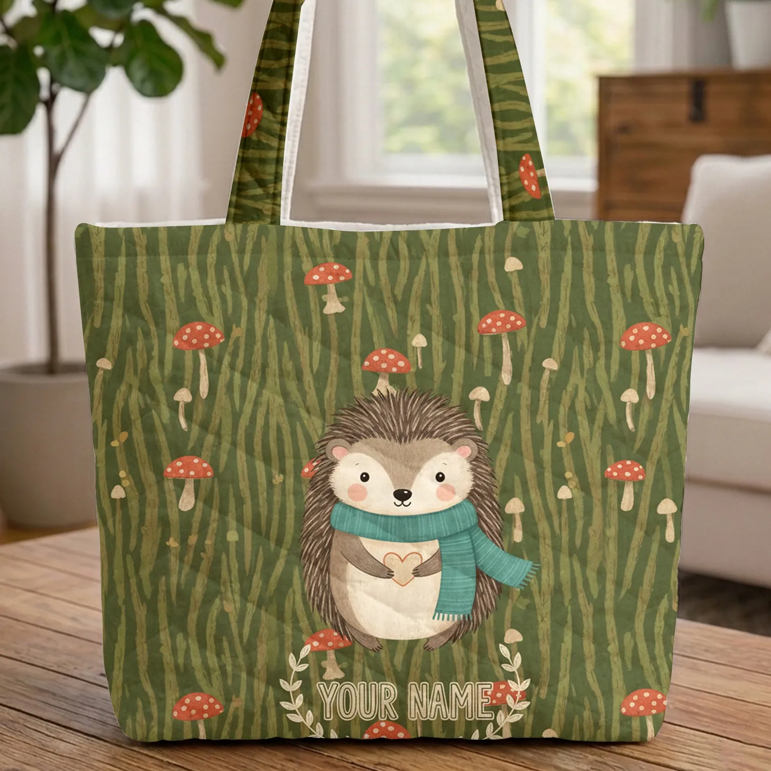 Hedgehog Teal Scarf Heart Toadstool Mushroom Grass Leaf Garland - Nature Lovers Gift Quilted Tote Bag - 1