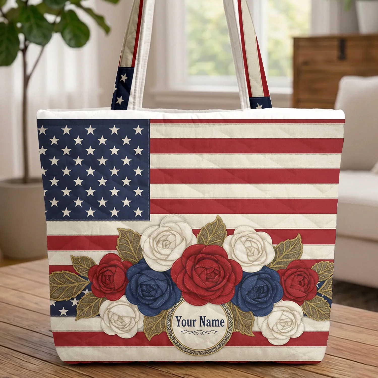 American Flag Roses Personalized Name - Independence Day Gift Quilted Tote Bag - 1