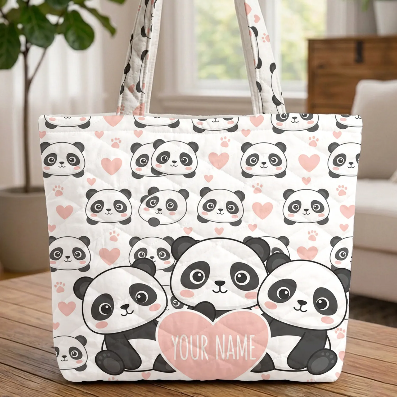 Three Cartoon Pandas Hearts Paw Prints Your Name Heart - Everyday Carry for Kids Quilted Tote Bag - 1