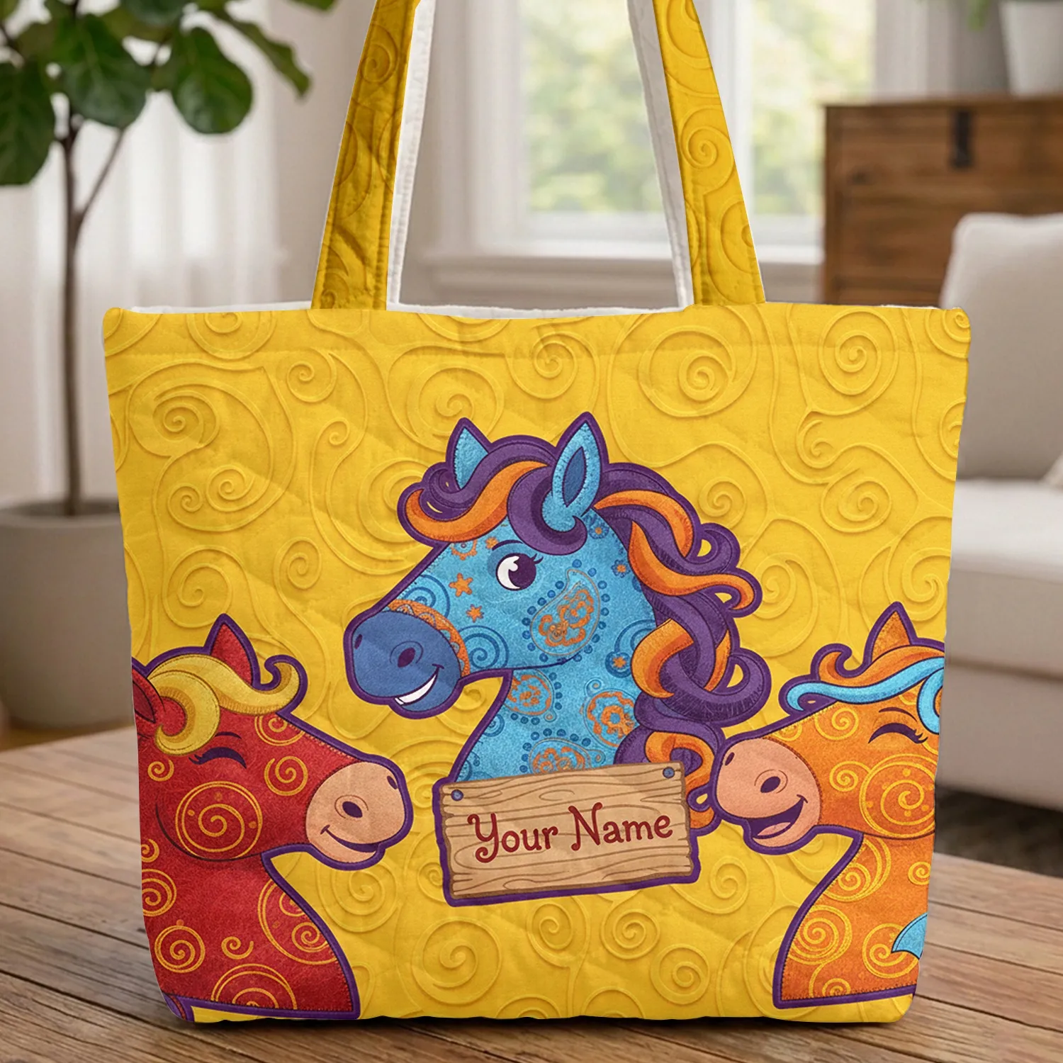 Three Horse Heads Colorful Manes Wooden Name Sign Golden Swirls - Horse Lover Gift Quilted Tote Bag - 1