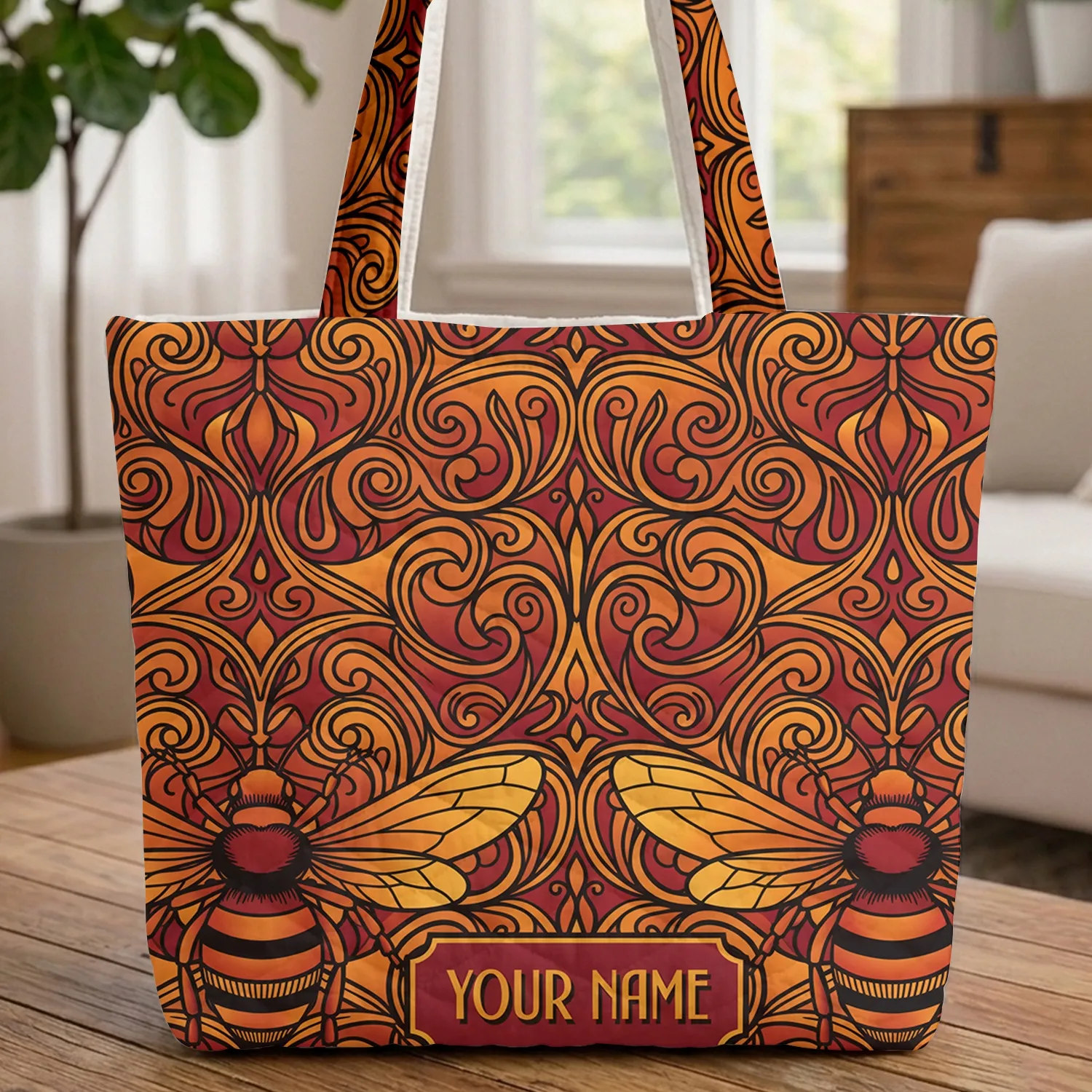 Stylized Bees Organic Swirls Name Plaque - Everyday Gift for Bee Lovers Quilted Tote Bag - 1