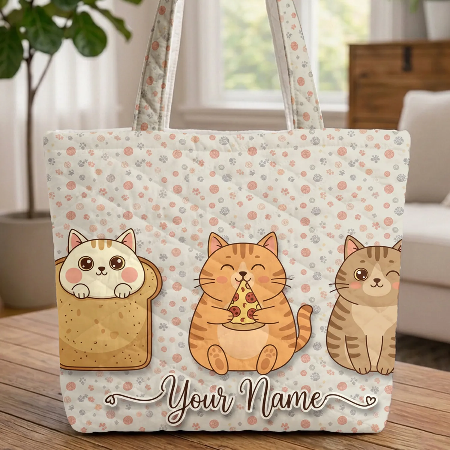 Chubby Toast Pizza Tabby Cats with Name Heart Accents - Cat Lover Gift Quilted Tote Bag - 1