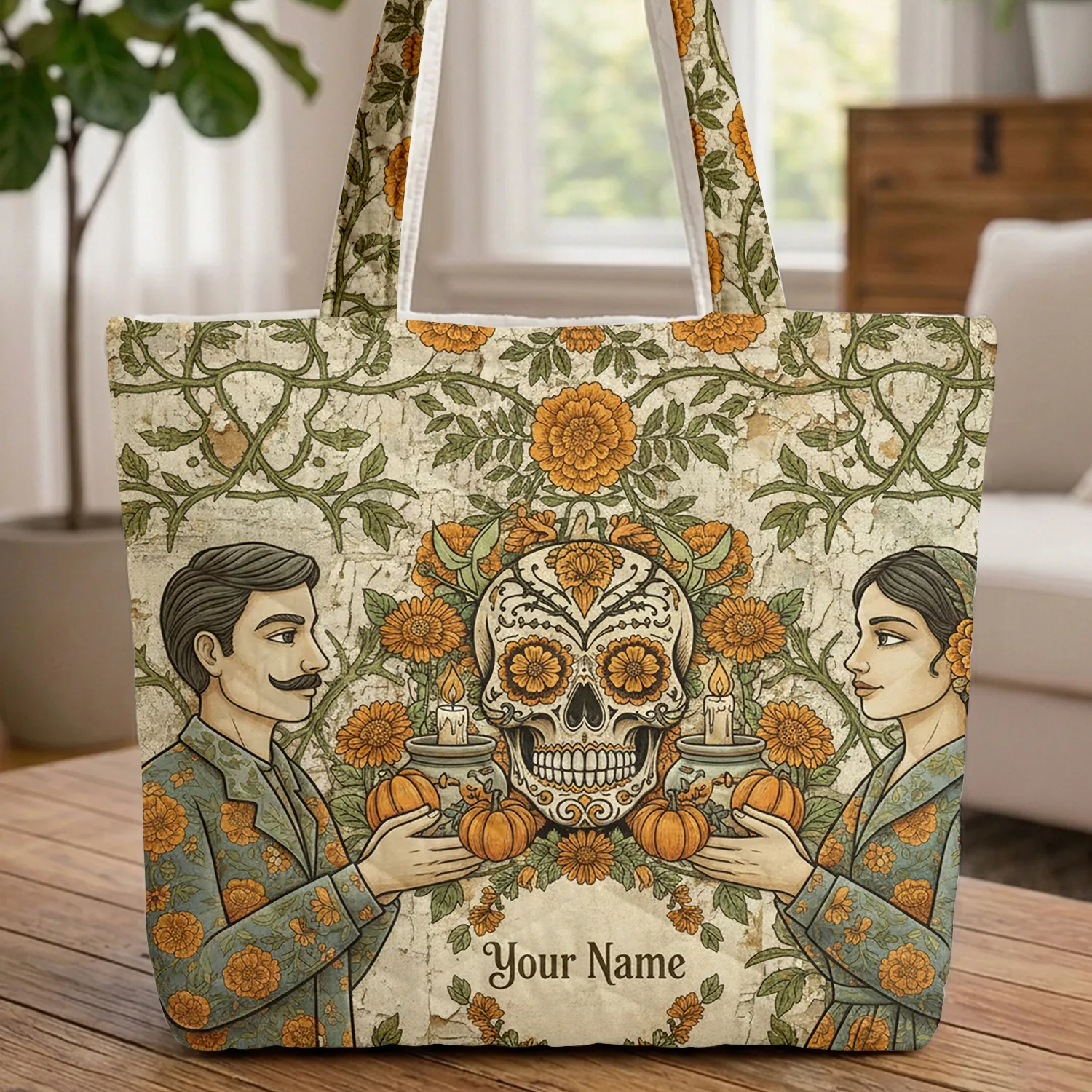 Sugar Skull Marigold Flowers Candles Pumpkins - Day of the Dead Celebration Remembrance Gift Quilted Tote Bag - 1
