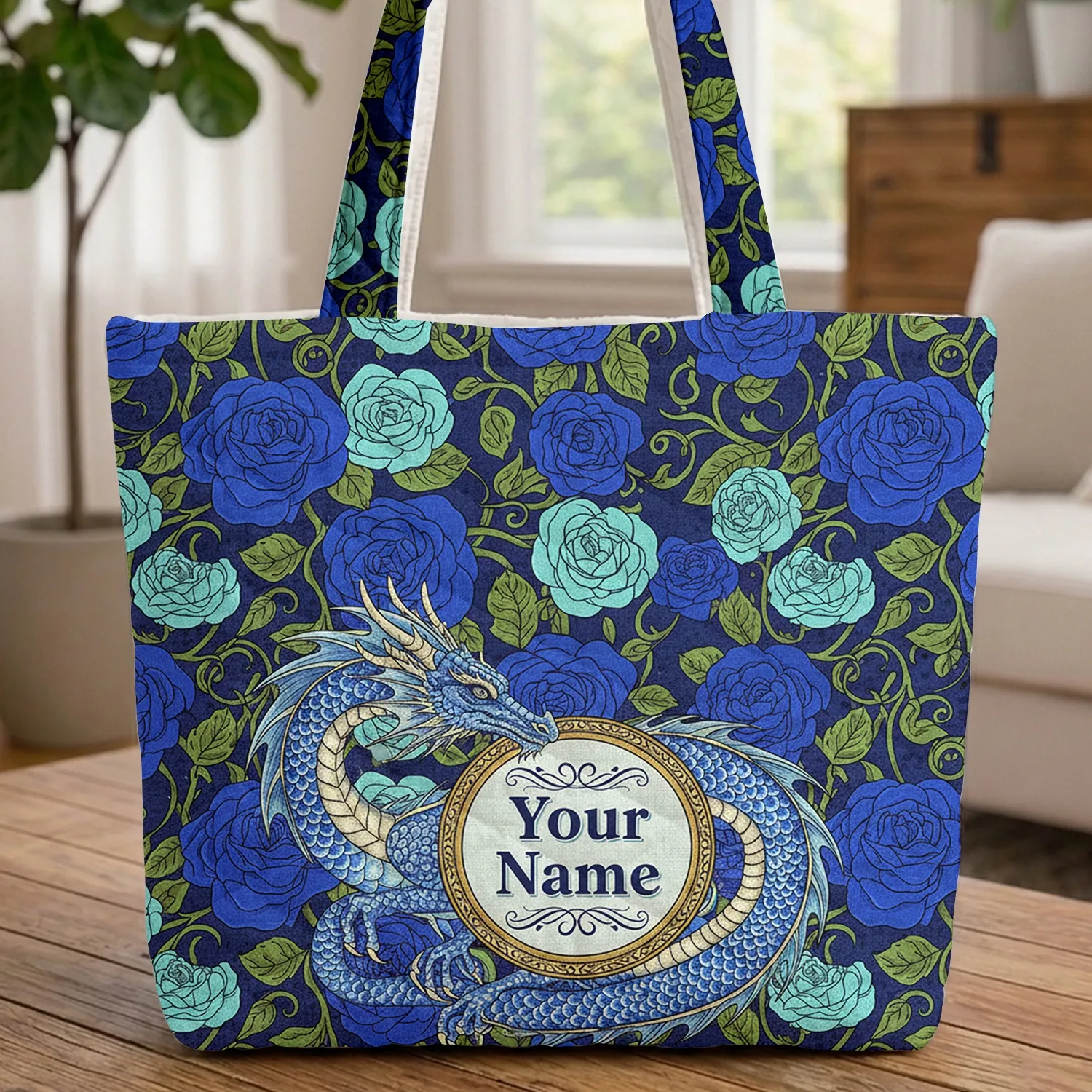 White Scale Blue Dragon Rose Foliage Gold Medallion Personalized Gift for Fantasy Lover Quilted Tote Bag - 1