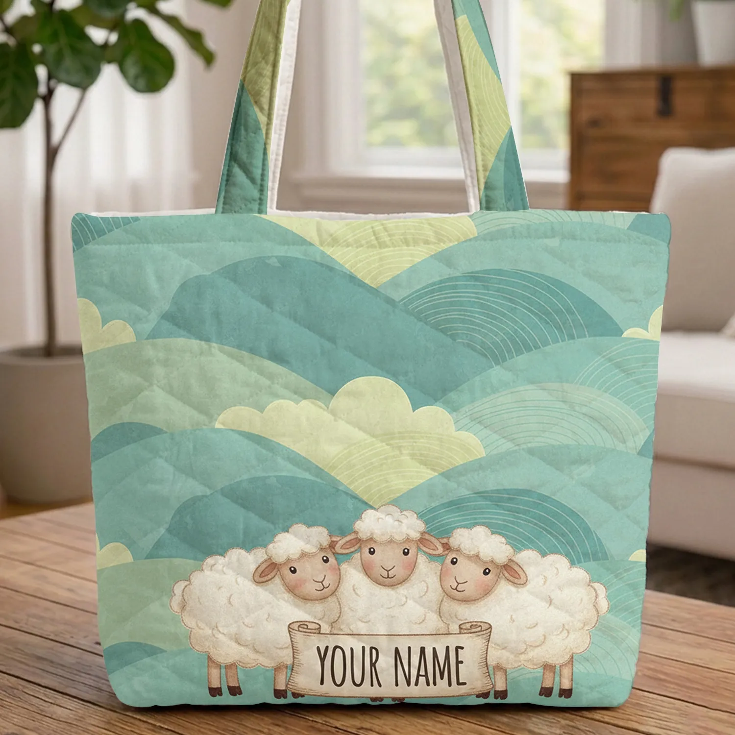 Fluffy Sheep Personalized Name Rolling Landscape - Sheep Lovers Gift Quilted Tote Bag - 1