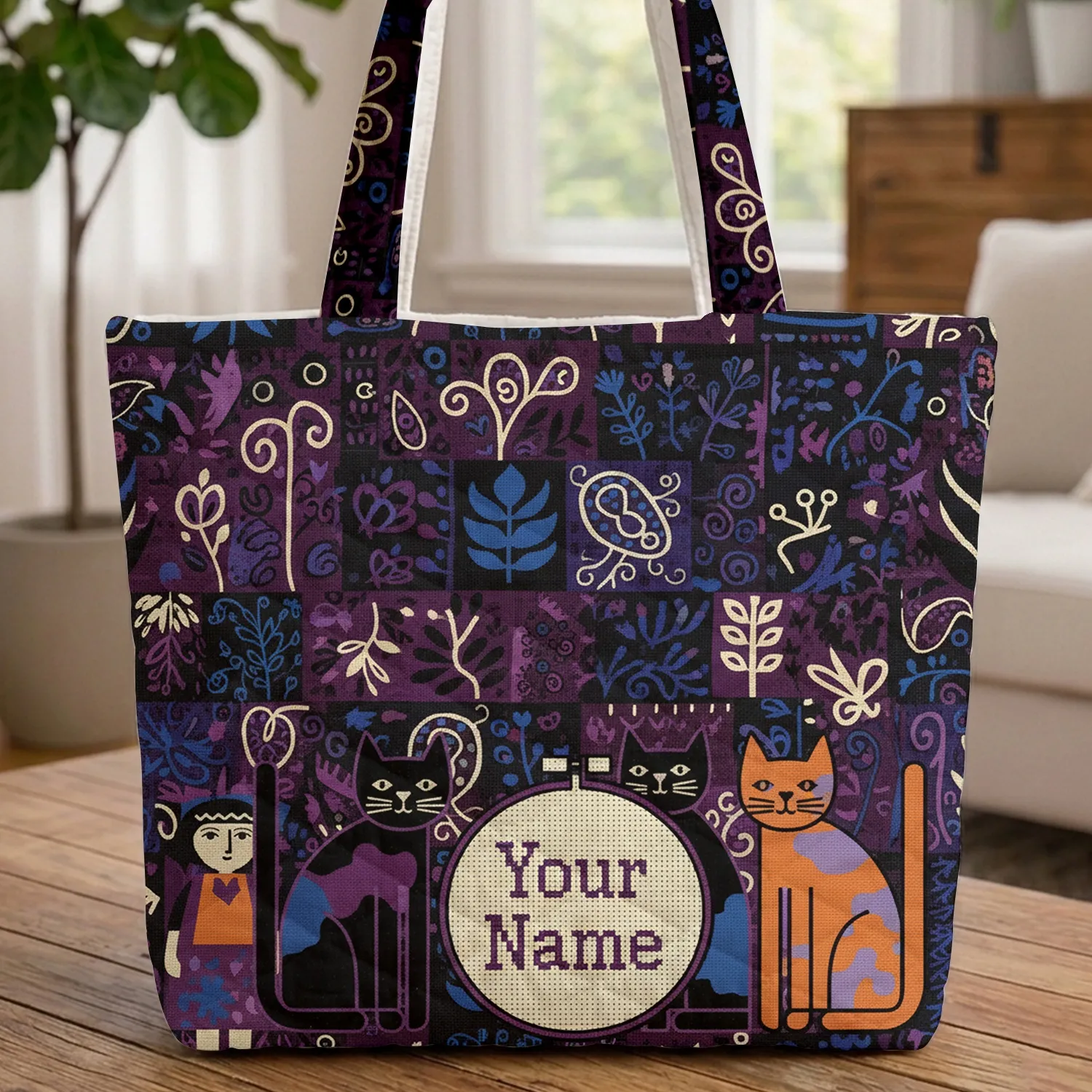 Cats Hoop Botanical Paisley Everyday Carry for Cat Lover Quilted Tote Bag - 1