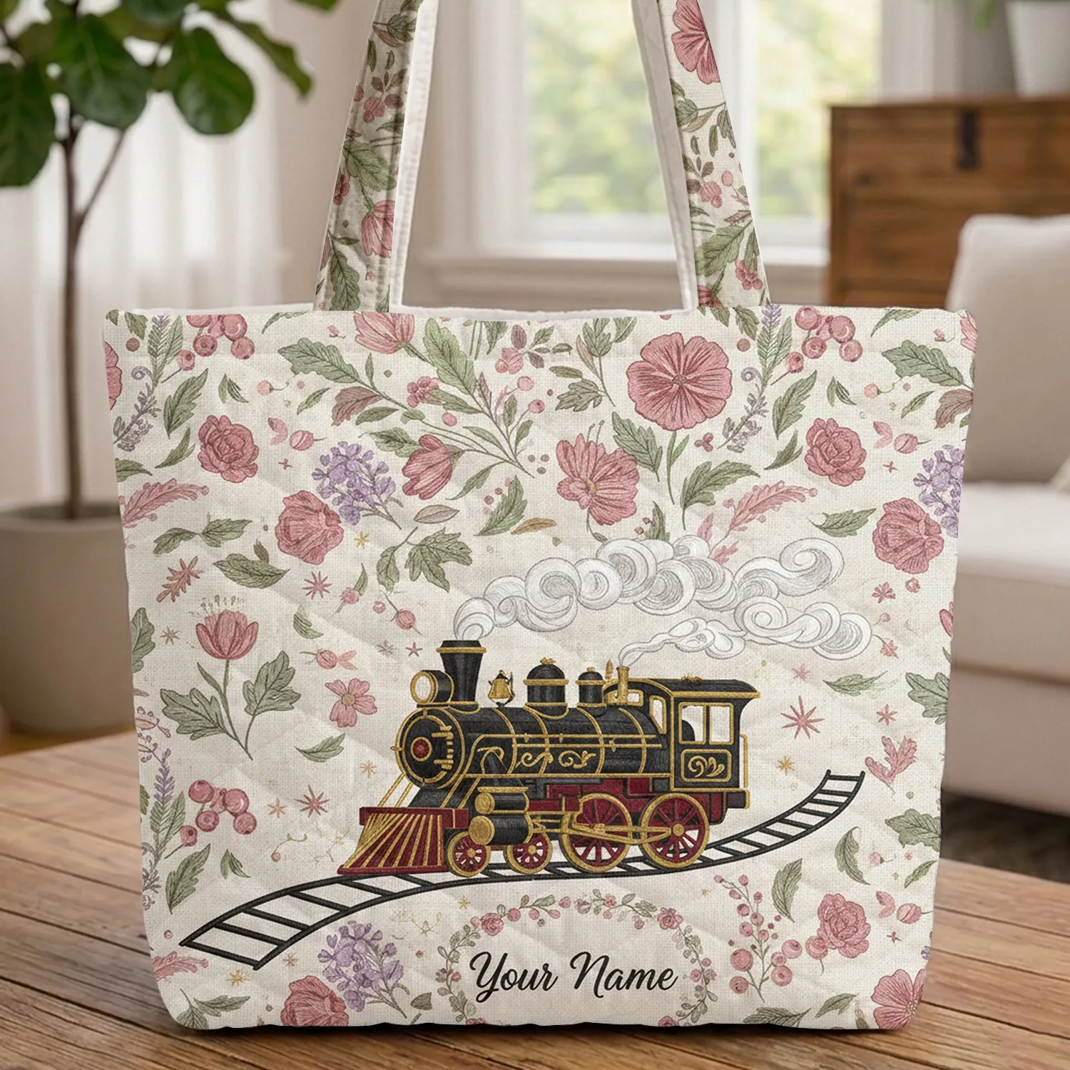 Ornate Steam Locomotive Floral Wreath Wildflower - Train Enthusiast Travel Gift Quilted Tote Bag - 1